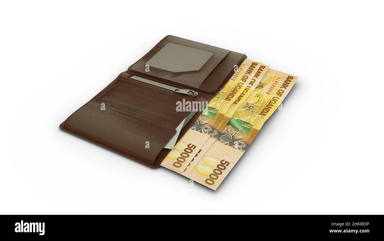 Rendering 3D delle note di shilling ugandesi nel portafoglio Foto Stock