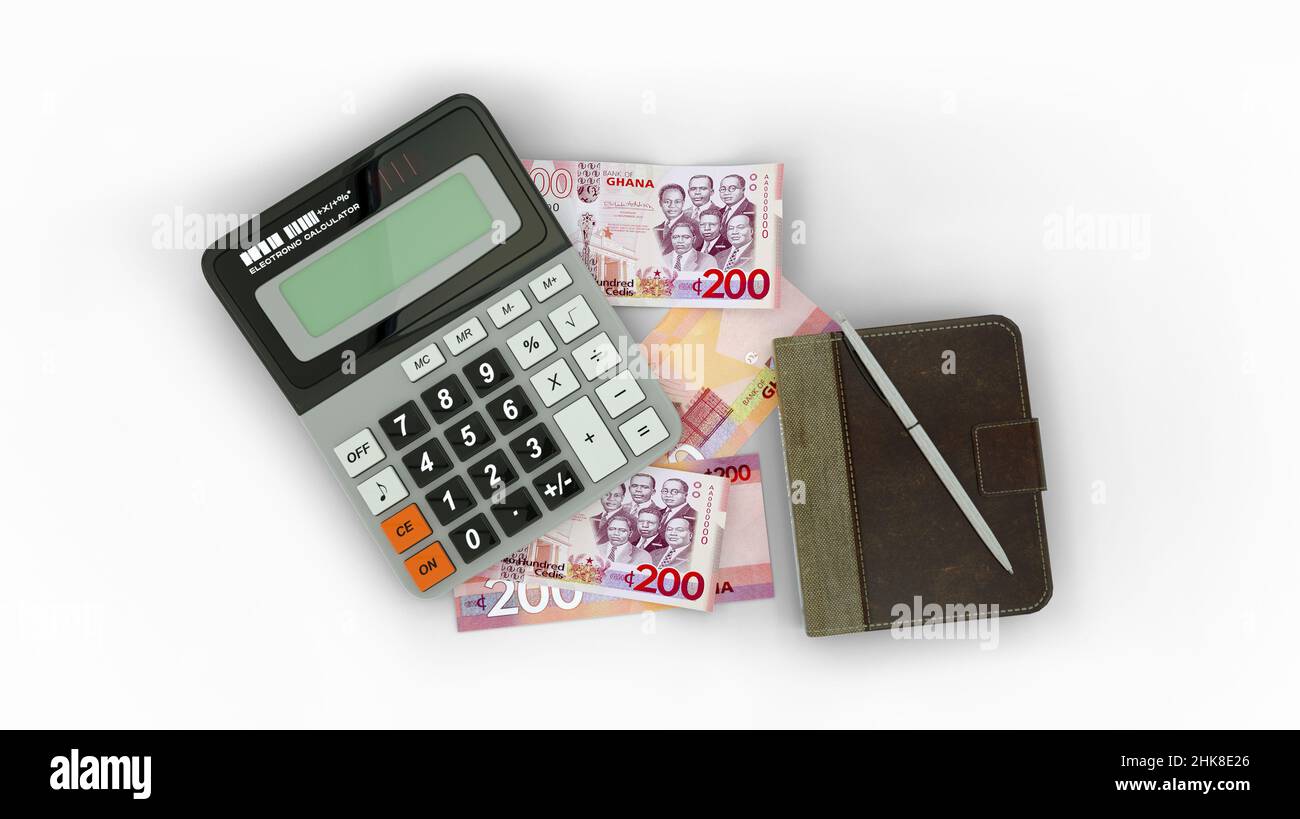 3D rappresentazione di una composizione isolata di note di cedi Ghana, di un calcolatore, di un libro di note e di una penna Foto Stock
