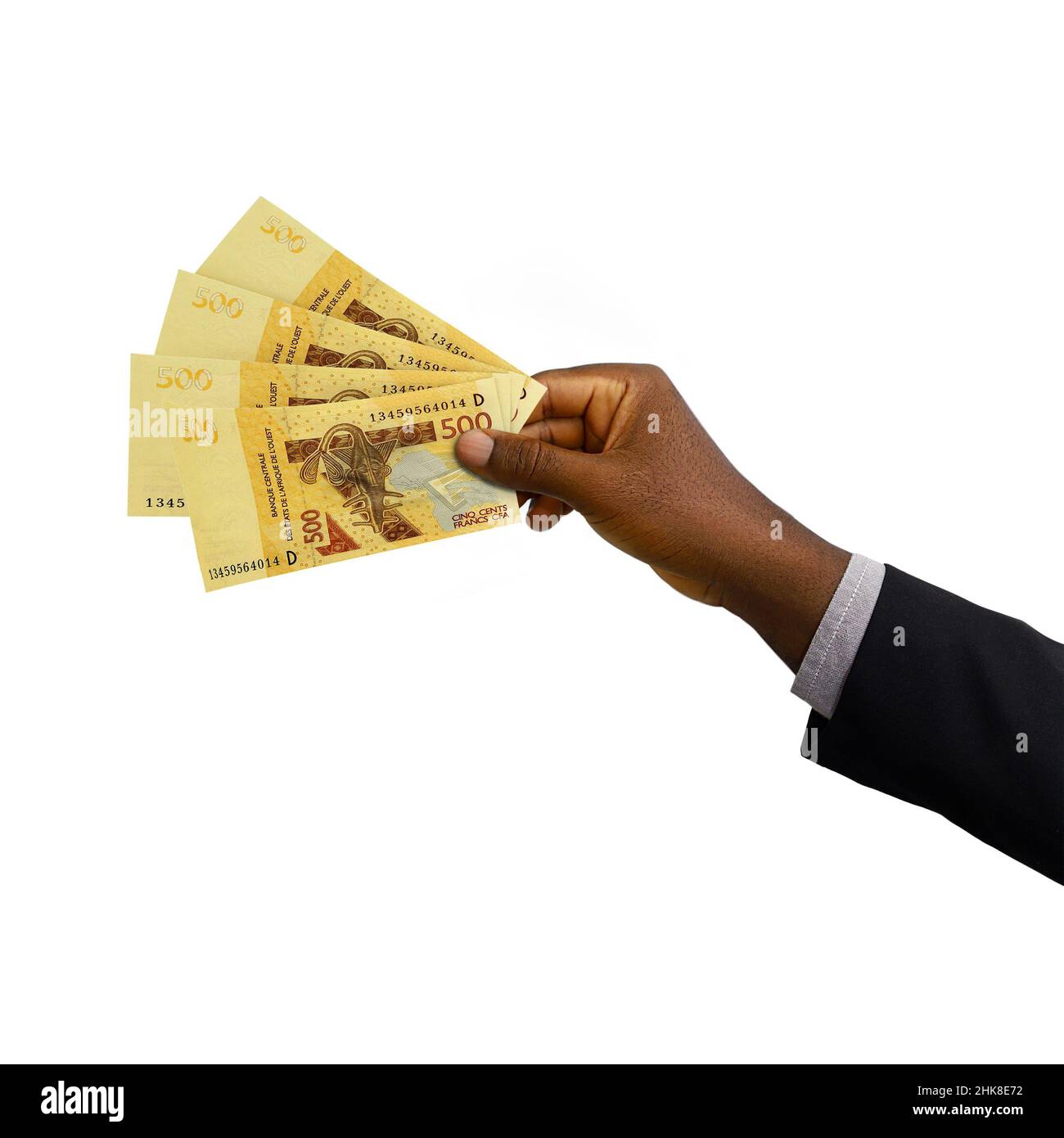 Mano nera con tuta in grado di contenere 3D note di cfa Franc rese isolate su sfondo bianco Foto Stock