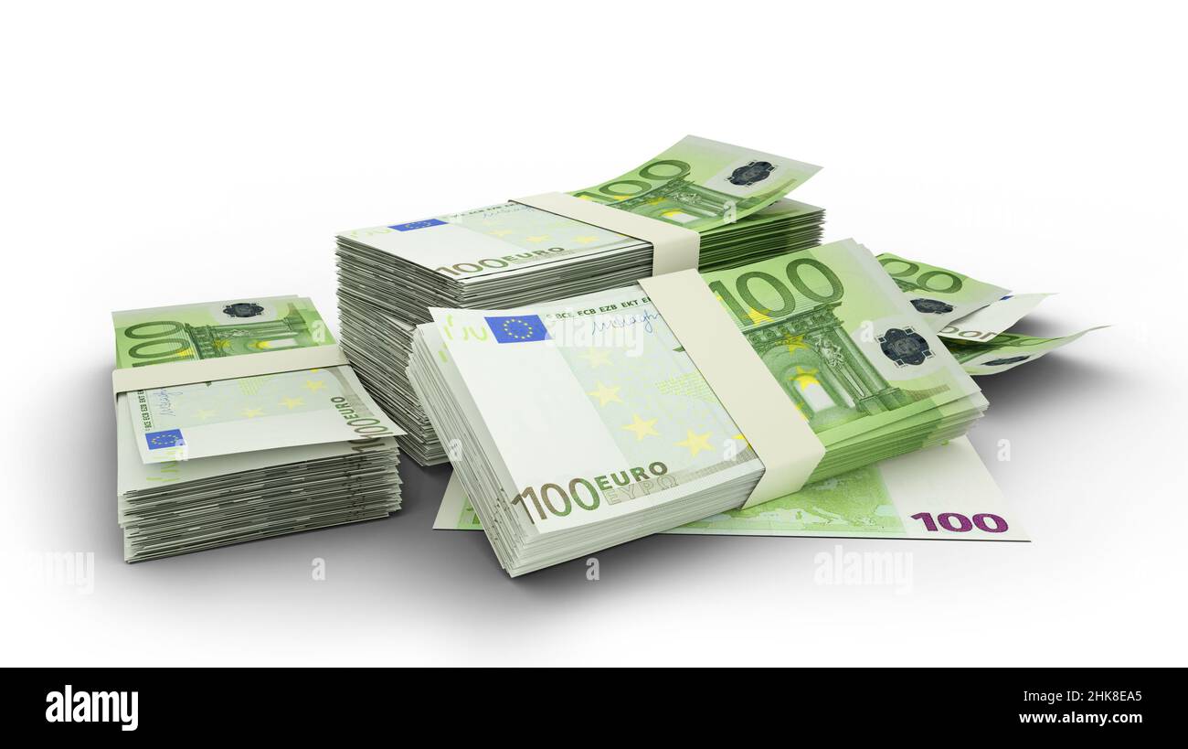 3D Stack di 100 euro banconote isolate su sfondo bianco. Moneta europea Foto Stock
