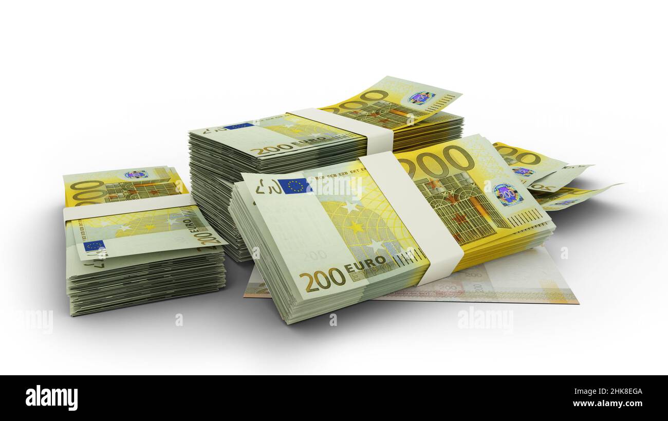 3D Stack di 200 euro banconote isolate su sfondo bianco. Moneta europea Foto Stock