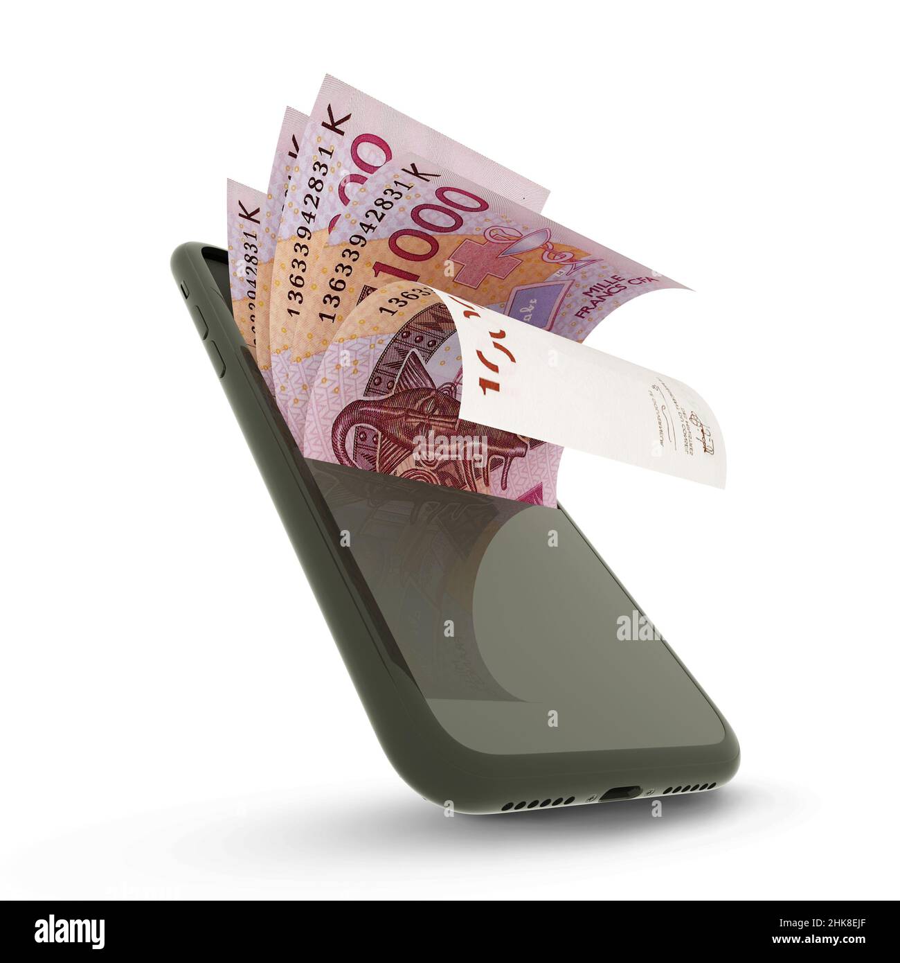 3D rendering delle note CFA Frank all'interno di un telefono cellulare Foto Stock