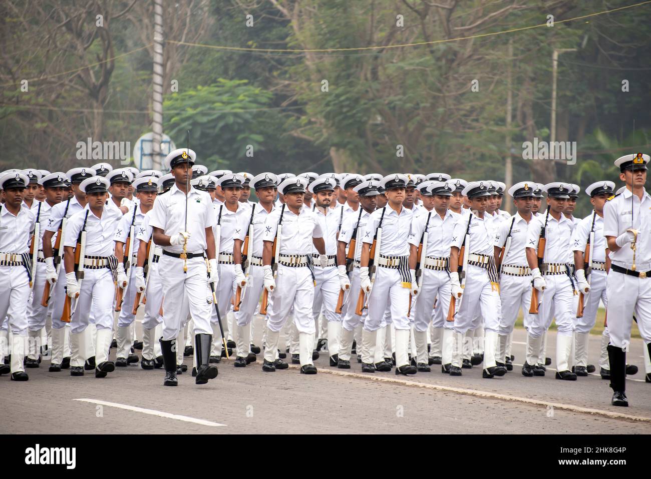 Calcutta, India - 24 gennaio 2022: Il bagpiper dell'esercito indiano pratica la loro esecuzione durante il giorno della repubblica. La cerimonia è fatta dall'esercito indiano ogni yea Foto Stock