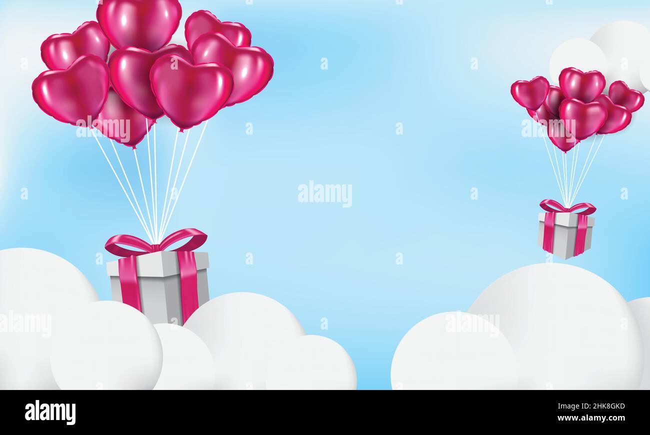 Scatole regalo con cuore palloncino che lo galleggia il cielo, felice San Valentino banner modello, vettore 3D stile realistico Illustrazione Vettoriale