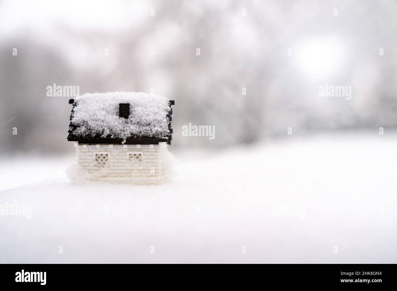 3D modello casa su sfondo naturale neve per la stagione invernale Foto Stock