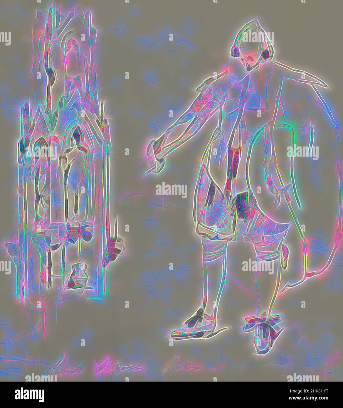 Ispirato alla torre gotica e un uomo in costume del XVII secolo, reinventato da Artotop. L'arte classica reinventata con un tocco moderno. Design di calda e allegra luminosità e di raggi di luce. La fotografia si ispira al surrealismo e al futurismo, abbracciando l'energia dinamica della tecnologia moderna, del movimento, della velocità e rivoluzionando la cultura Foto Stock