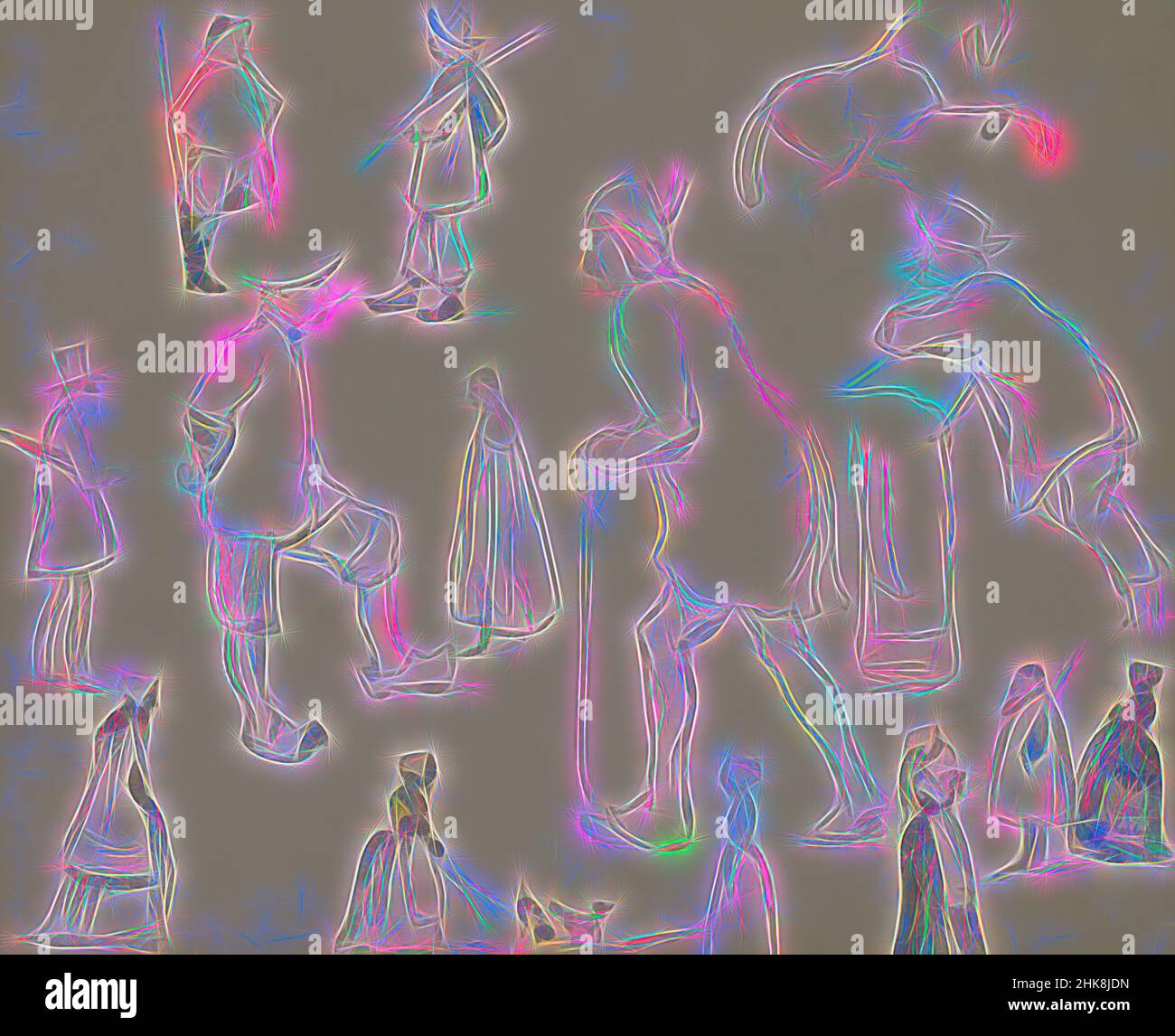 Ispirato tra gli altri una donna con cani guinzagliati e un uomo con ombrello e cappello. Studi di cavalli e figure, reinventati da Artotop. L'arte classica reinventata con un tocco moderno. Design di calda e allegra luminosità e di raggi di luce. La fotografia si ispira al surrealismo e al futurismo, abbracciando l'energia dinamica della tecnologia moderna, del movimento, della velocità e rivoluzionando la cultura Foto Stock