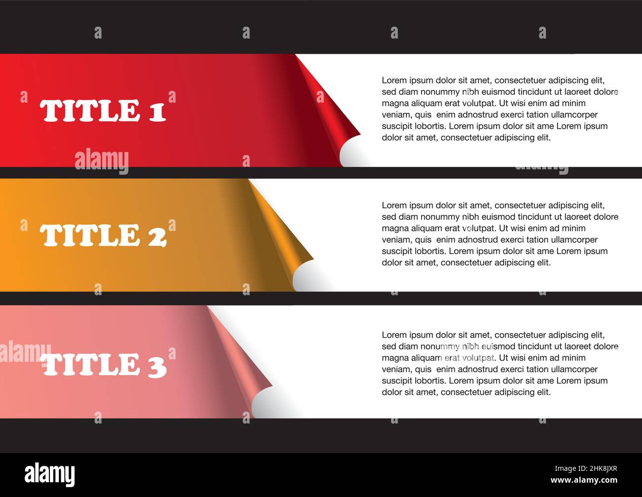 3 strisce numerate di adesivi staccabili con spazio bianco per la copia del testo. Sfondo vettoriale astratto isolato su sfondo nero come modello per pagina la Illustrazione Vettoriale