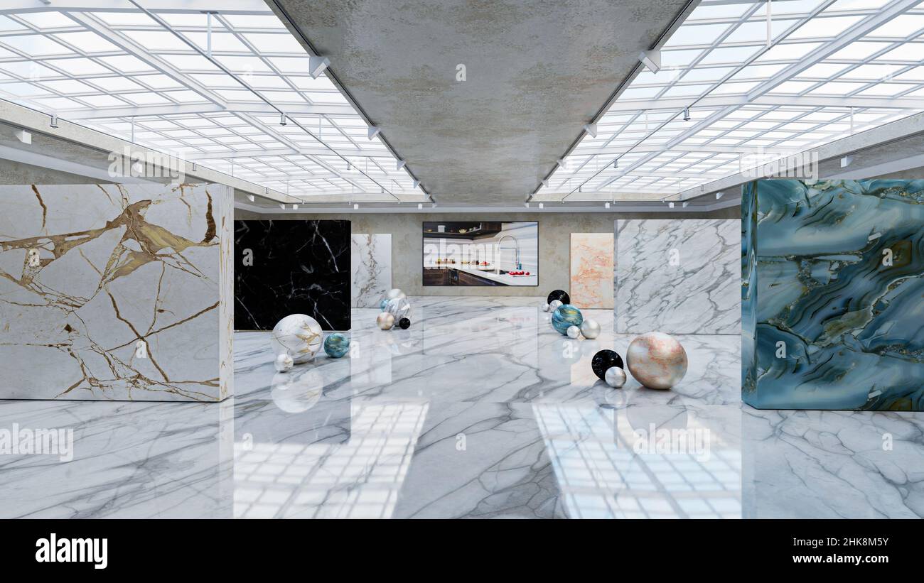 showroom di granito, marmo e lastre di quarzo per piani cucina e bagno, soluzione per pavimenti piastrellati Foto Stock