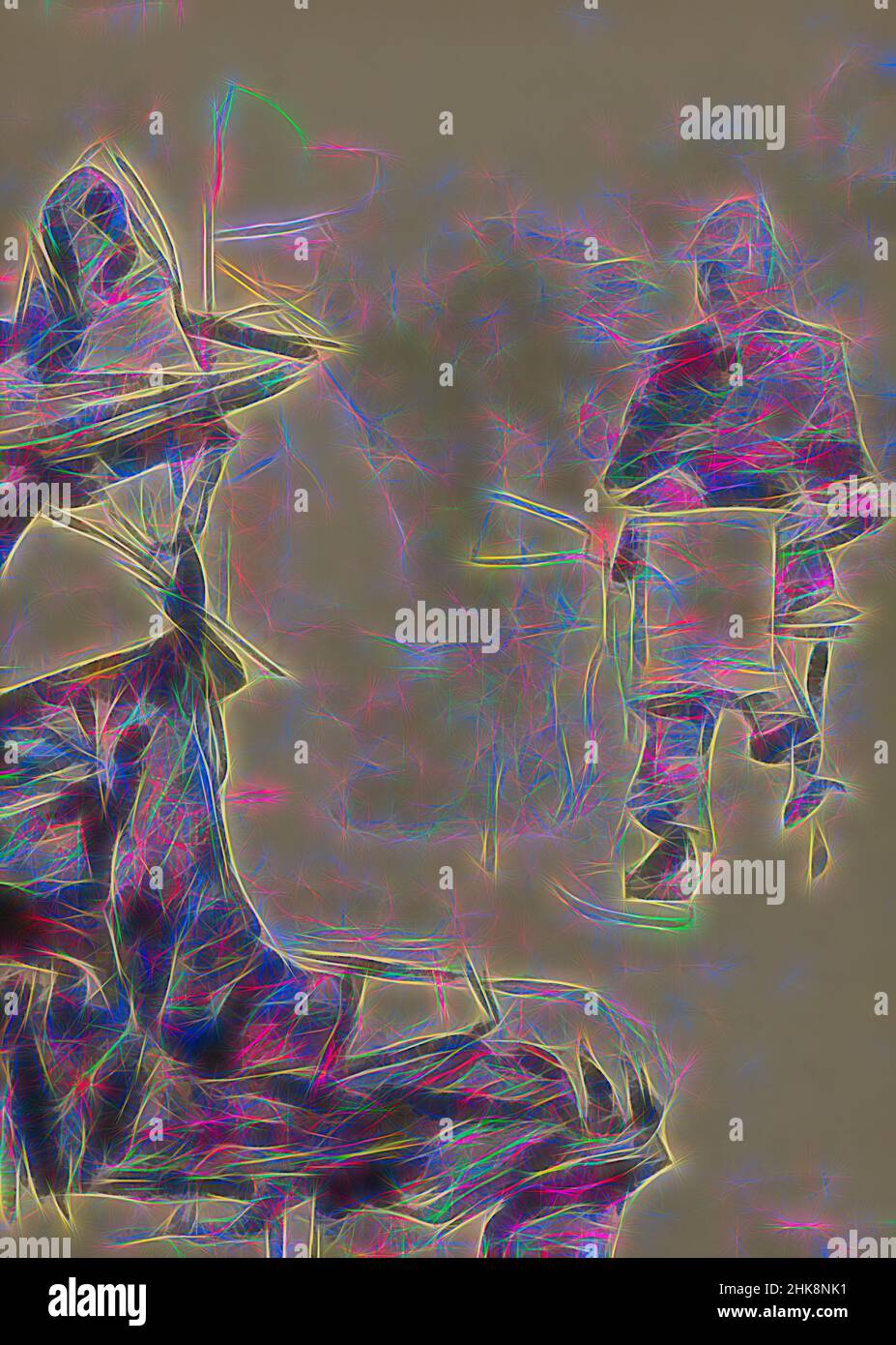 Ispirata a una figura, indossa costumi storici del XVII secolo. Uomini seduti, reinventati da Artotop. L'arte classica reinventata con un tocco moderno. Design di calda e allegra luminosità e di raggi di luce. La fotografia si ispira al surrealismo e al futurismo, abbracciando l'energia dinamica della tecnologia moderna, del movimento, della velocità e rivoluzionando la cultura Foto Stock