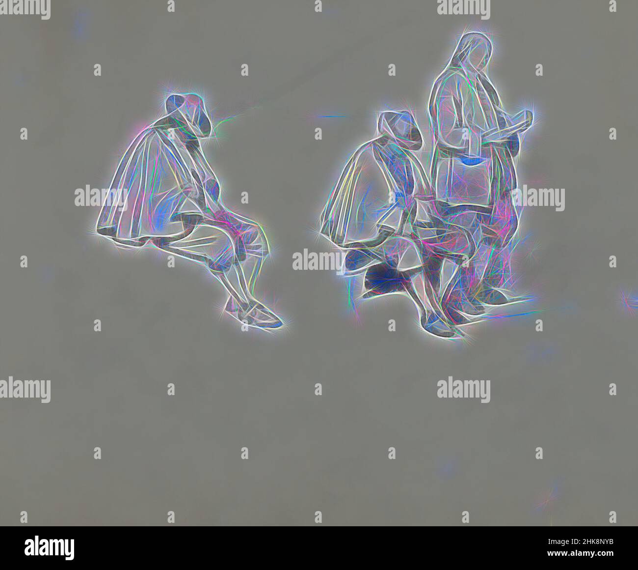 Ispirato da uomini seduti e da un uomo in piedi in costume del XVII secolo, reinventato da Artotop. L'arte classica reinventata con un tocco moderno. Design di calda e allegra luminosità e di raggi di luce. La fotografia si ispira al surrealismo e al futurismo, abbracciando l'energia dinamica della tecnologia moderna, del movimento, della velocità e rivoluzionando la cultura Foto Stock