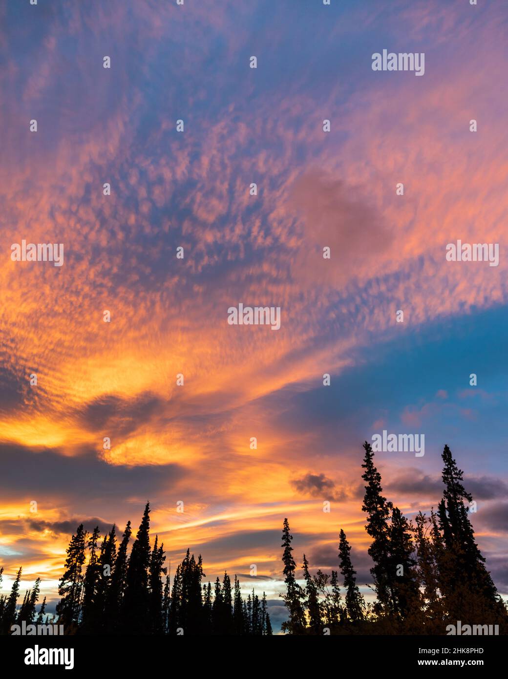 Motivi incredibili nel cielo del tramonto con colori arancio, rosa e viola. Foto Stock