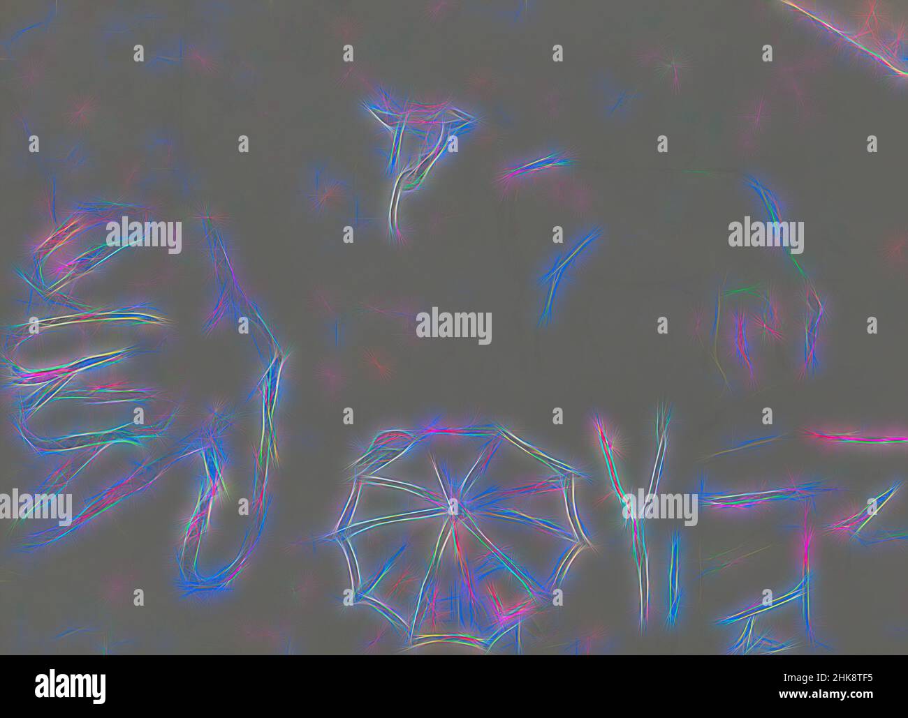 Ispirato da dietro l'ombrello la testa e il cappello di un uomo è visibile, presumibilmente un artista che lavora all'aria aperta. Mano con le dita piegate, ombrello aperto e mucche, reinventata da Artotop. L'arte classica reinventata con un tocco moderno. Design di calda e allegra luminosità e di raggi di luce. La fotografia si ispira al surrealismo e al futurismo, abbracciando l'energia dinamica della tecnologia moderna, del movimento, della velocità e rivoluzionando la cultura Foto Stock