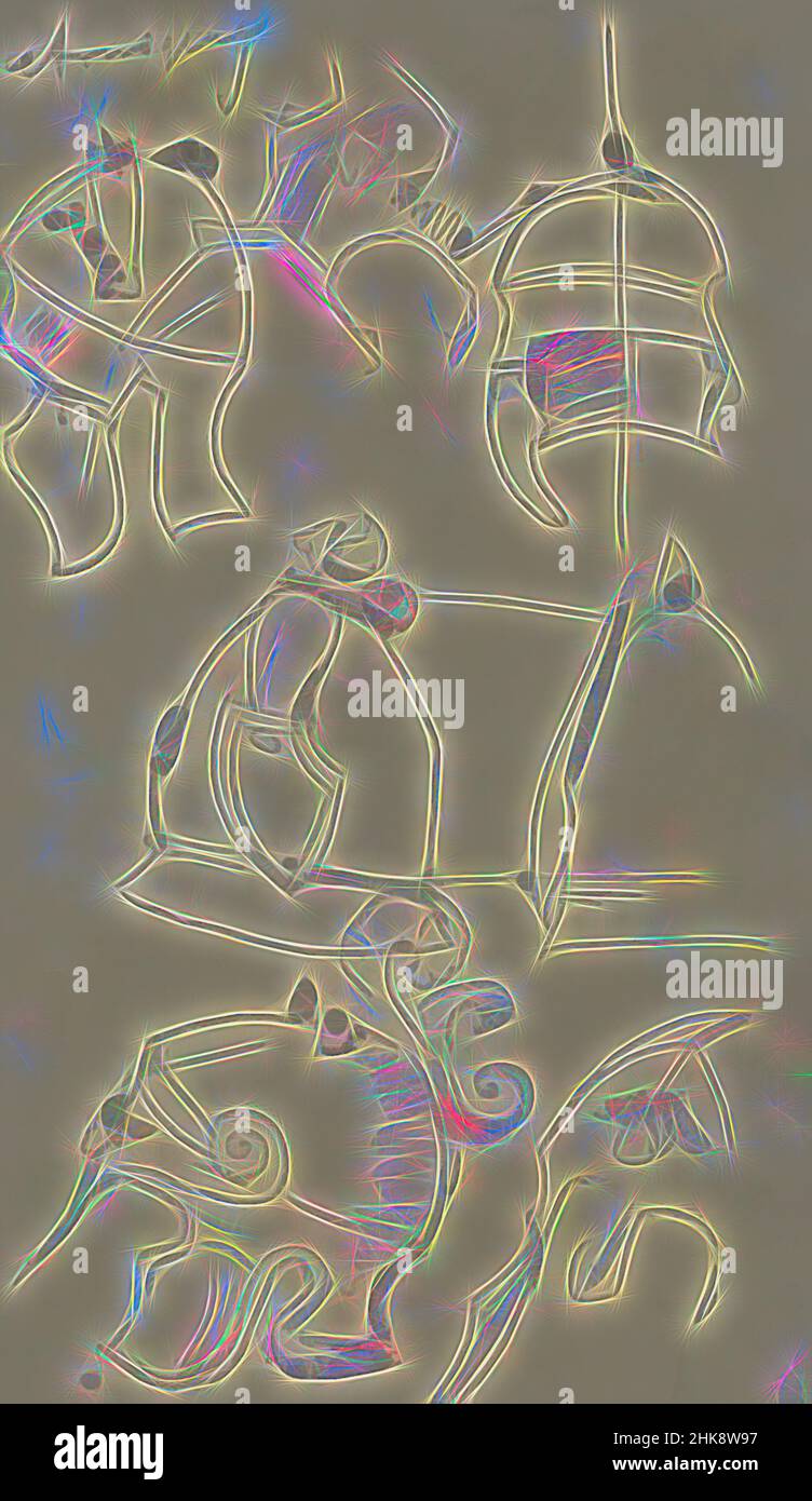 Ispirato ai caschi etruschi del VI secolo a.C., reinventato da Artotop. L'arte classica reinventata con un tocco moderno. Design di calda e allegra luminosità e di raggi di luce. La fotografia si ispira al surrealismo e al futurismo, abbracciando l'energia dinamica della tecnologia moderna, del movimento, della velocità e rivoluzionando la cultura Foto Stock