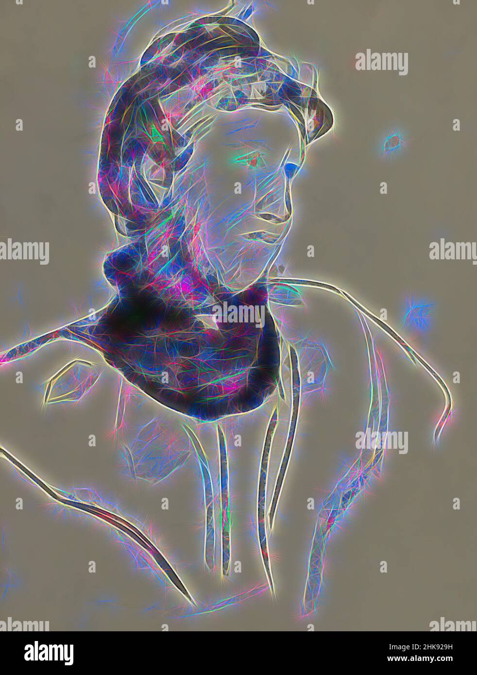 Ispirato dal Ritratto di una donna sconosciuta, reinventato da Artotop. L'arte classica reinventata con un tocco moderno. Design di calda e allegra luminosità e di raggi di luce. La fotografia si ispira al surrealismo e al futurismo, abbracciando l'energia dinamica della tecnologia moderna, del movimento, della velocità e rivoluzionando la cultura Foto Stock