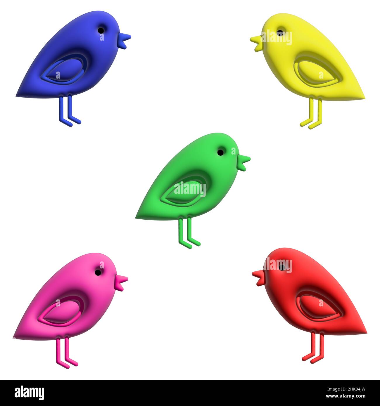 Un set con l'immagine di uccelli multicolore in stile cartoon minimalista. Isolare. Design per icone o social network. 3d illustrazione. Foto Stock