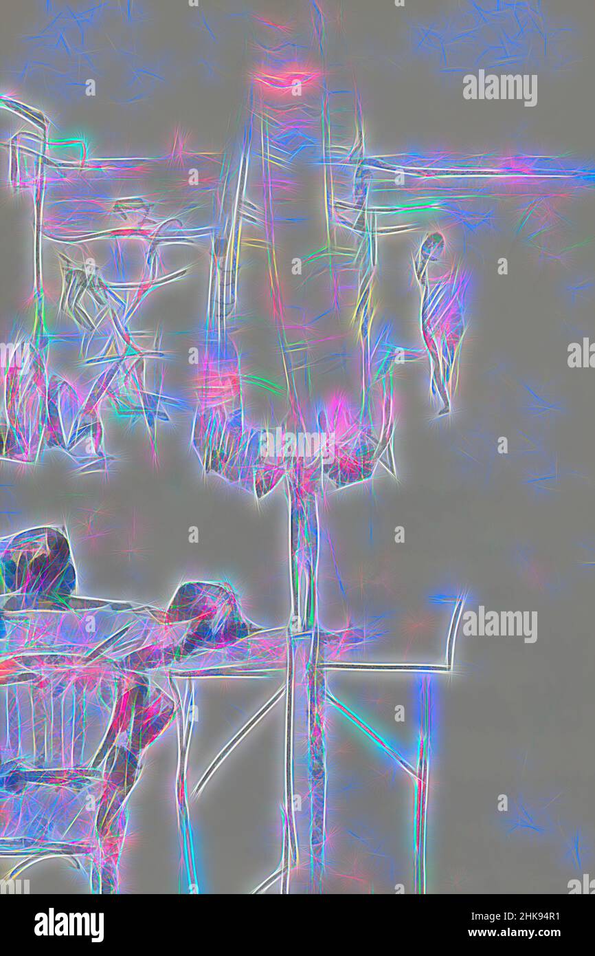 Ispirato dall'uomo è seduto su una sedia. Sullo sfondo bagnanti. Uomo accanto ad un ombrello sulla spiaggia, reimmaginato da Artotop. L'arte classica reinventata con un tocco moderno. Design di calda e allegra luminosità e di raggi di luce. La fotografia si ispira al surrealismo e al futurismo, abbracciando l'energia dinamica della tecnologia moderna, del movimento, della velocità e rivoluzionando la cultura Foto Stock