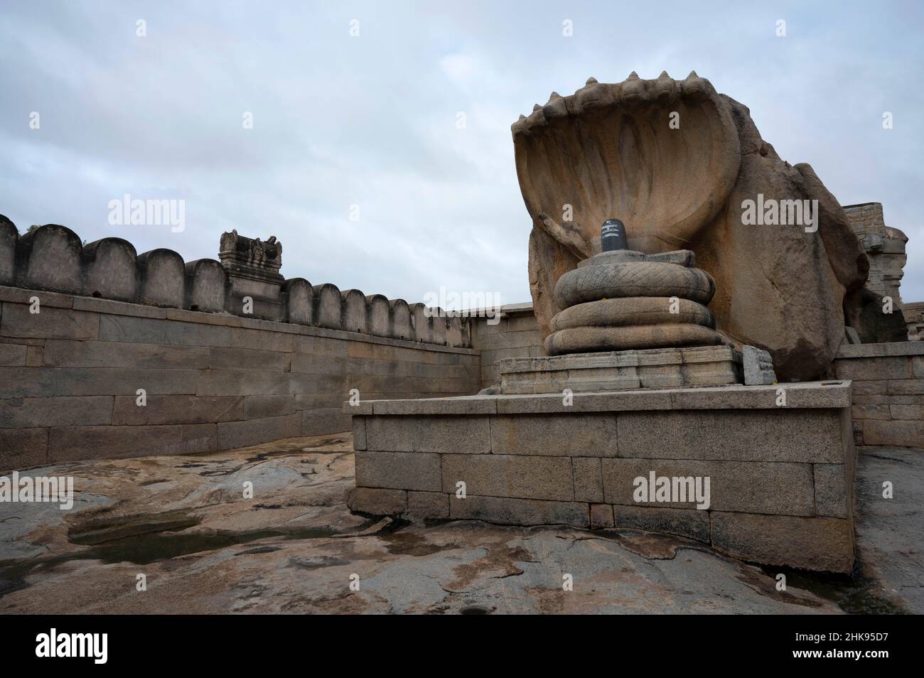 Monolithic Nagalinga, 12 piedi di altezza su uno Shivalingam nero. Uno dei più grandi Nagalinga in India, Lepakshi, Karnataka, India Foto Stock