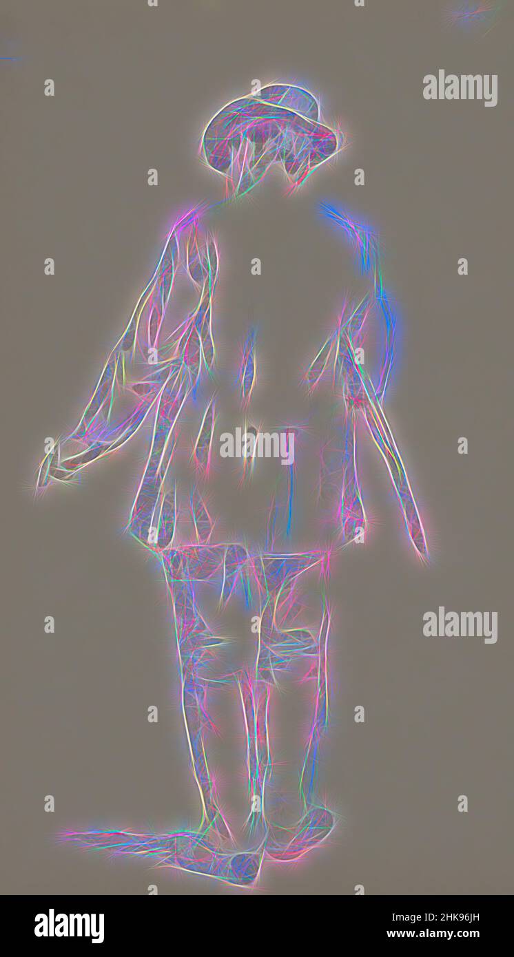 Ispirato dall'uomo con un cappello, visto dalla parte posteriore. Sotto il braccio ha un ombrello. Uomo con un ombrello sotto il braccio. Paesi Bassi, riimmaginato da Artotop. L'arte classica reinventata con un tocco moderno. Design di calda e allegra luminosità e di raggi di luce. La fotografia si ispira al surrealismo e al futurismo, abbracciando l'energia dinamica della tecnologia moderna, del movimento, della velocità e rivoluzionando la cultura Foto Stock