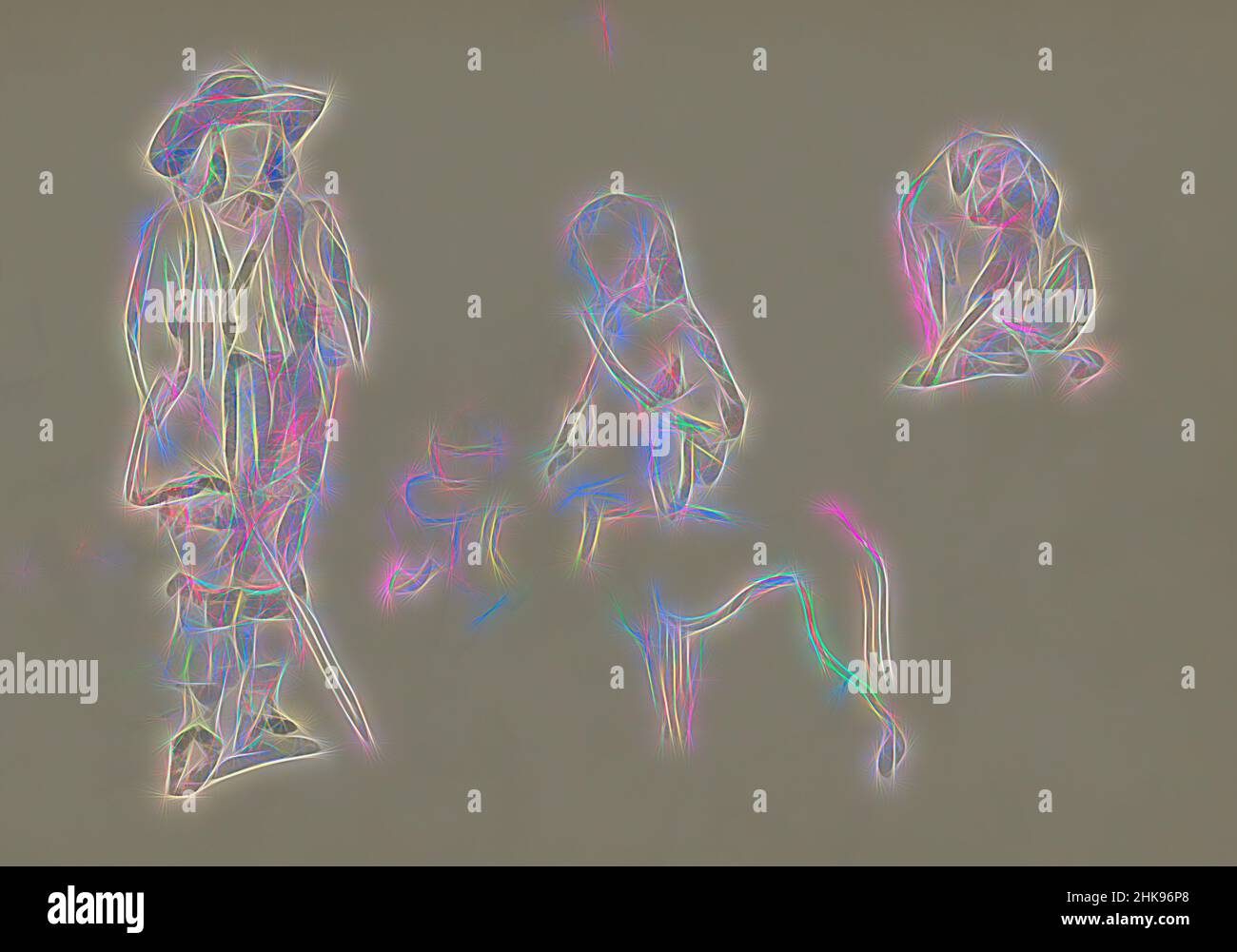 Ispirato da Left un ragazzo in piedi. Accanto a lui un ragazzo seduto con un cappello in grembo. Con lui un cane. In alto a destra un altro cane. Due ragazzi e due cani. Paesi Bassi, riimmaginato da Artotop. L'arte classica reinventata con un tocco moderno. Design di calda e allegra luminosità e di raggi di luce. La fotografia si ispira al surrealismo e al futurismo, abbracciando l'energia dinamica della tecnologia moderna, del movimento, della velocità e rivoluzionando la cultura Foto Stock