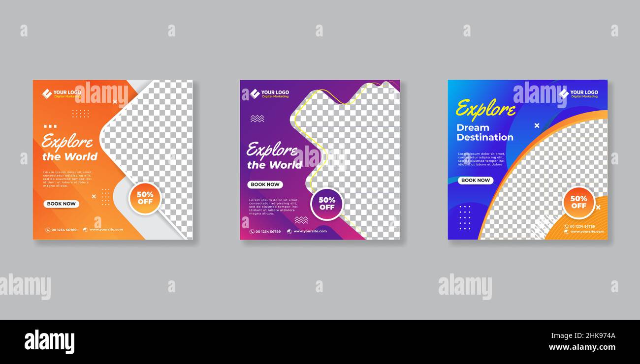 Set di banner quadrati modificabili per post sui social media di viaggio Illustrazione Vettoriale