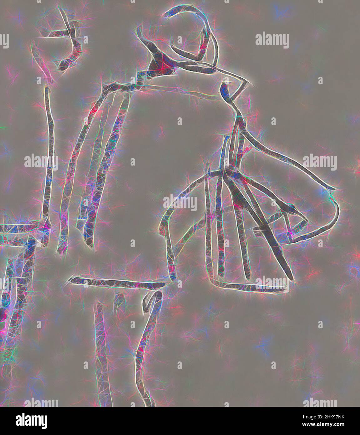 Ispirato alla figura di destra ha un oggetto sotto il suo braccio, due figure in piedi, uomini, reinventato da Artotop. L'arte classica reinventata con un tocco moderno. Design di calda e allegra luminosità e di raggi di luce. La fotografia si ispira al surrealismo e al futurismo, abbracciando l'energia dinamica della tecnologia moderna, del movimento, della velocità e rivoluzionando la cultura Foto Stock