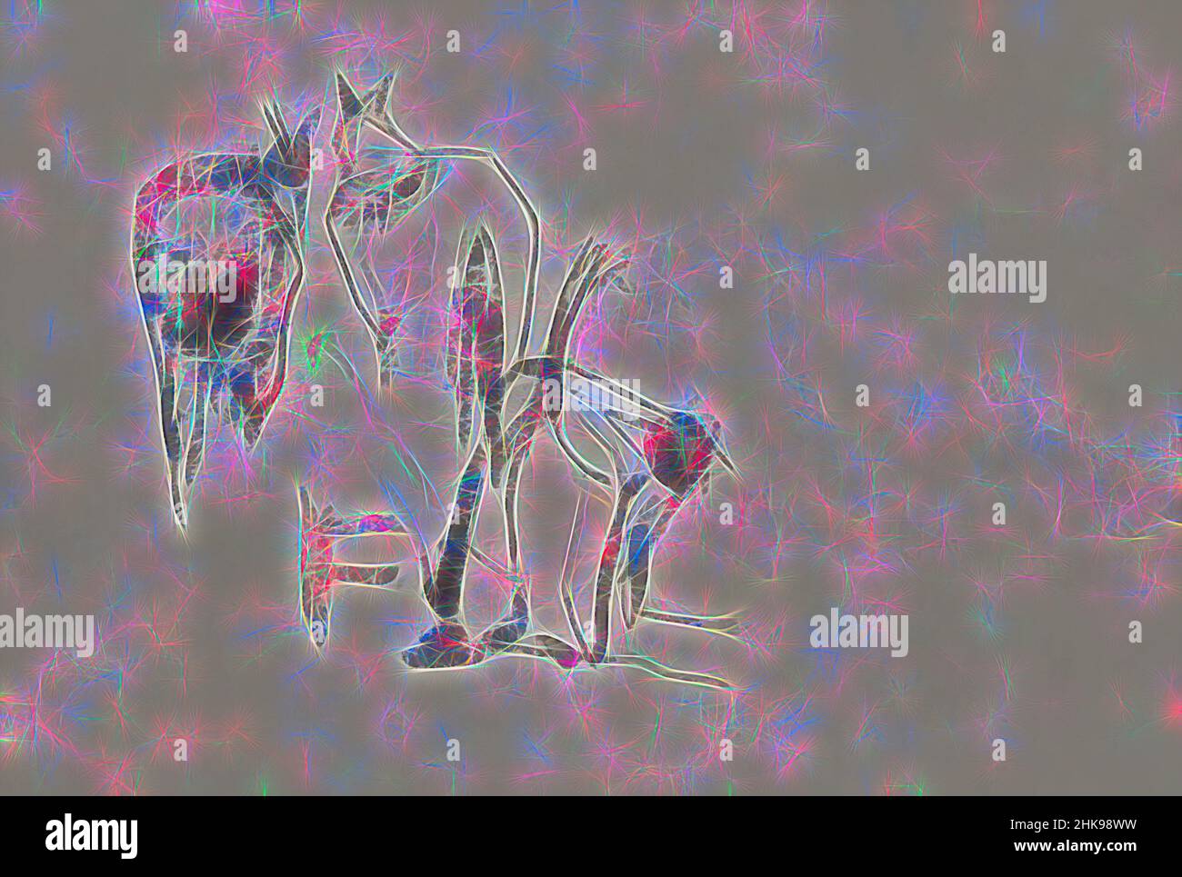 Ispirato da dietro l'aratro un personaggio curvo. Drenthe Paesi Bassi, arve con due cavalli, reinventato da Artotop. L'arte classica reinventata con un tocco moderno. Design di calda e allegra luminosità e di raggi di luce. La fotografia si ispira al surrealismo e al futurismo, abbracciando l'energia dinamica della tecnologia moderna, del movimento, della velocità e rivoluzionando la cultura Foto Stock