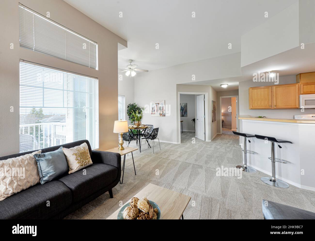 Moderno soggiorno residenziale, cucina e sala da pranzo interno Foto Stock