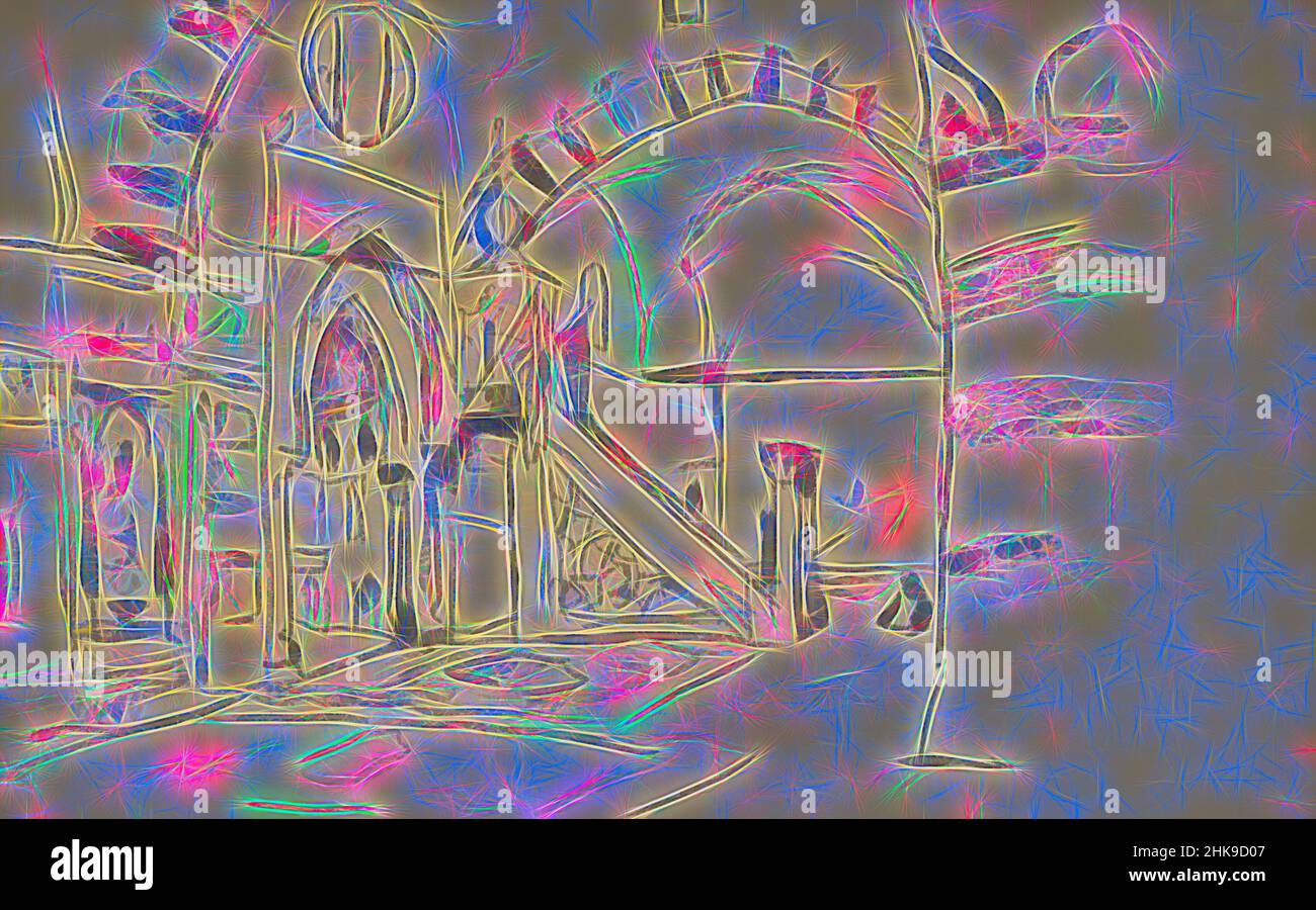 Ispirata alla vista del pulpito, nota anche come minbar, la moschea di Kait Bey in vista dell'architettura moresca. Interno di una moschea al Cairo. Cairo, reinventato da Artotop. L'arte classica reinventata con un tocco moderno. Design di calda e allegra luminosità e di raggi di luce. La fotografia si ispira al surrealismo e al futurismo, abbracciando l'energia dinamica della tecnologia moderna, del movimento, della velocità e rivoluzionando la cultura Foto Stock