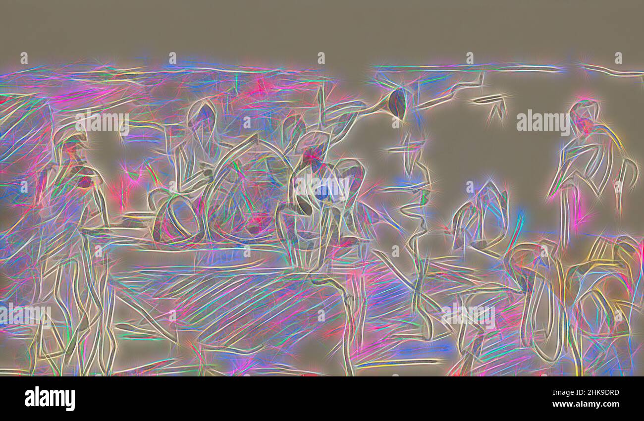 Ispirato da un uomo si trova tra due strumenti a percussione, presumibilmente batteria. Un altro si alza e suona uno strumento eolico, probabilmente un flauto, mentre le figure circostanti sono anche musicisti. Musicisti su una strada India, reimmaginato da Artotop. L'arte classica reinventata con un tocco moderno. Design di calda e allegra luminosità e di raggi di luce. La fotografia si ispira al surrealismo e al futurismo, abbracciando l'energia dinamica della tecnologia moderna, del movimento, della velocità e rivoluzionando la cultura Foto Stock