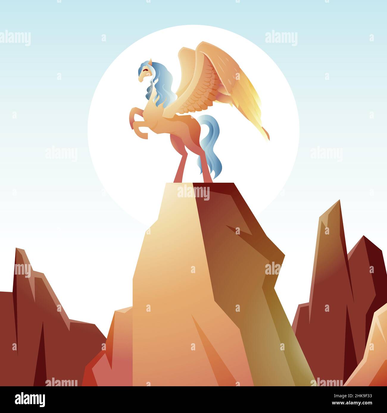 Bella Pegasus Winged Horse Prancing Spread Wings in Cliff Epic Illustration Illustrazione Vettoriale