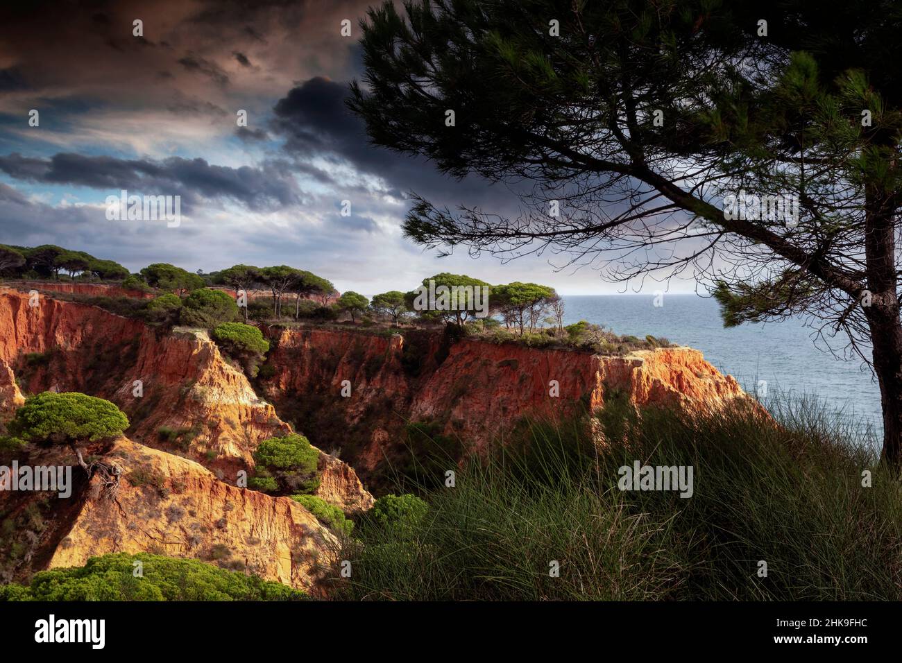 Pietra arenaria rossa, Falesia, Olhos d'Agua, Albufeira, Algarve, Portogallo Foto Stock