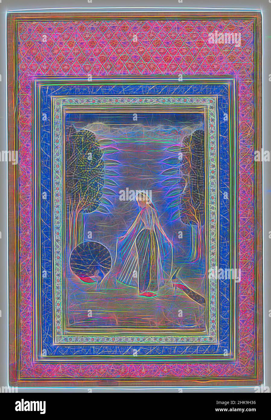 Ispirato da Kakubha ragini: Una Signora Forlorn che cammina tra i pavoni, disegnatore:, Bikaner, c. 1775 - 1799, carta, vernice per mazzi, altezza 275 mm x larghezza 188 mm altezza 157 mm x larghezza 103 mm, reinventata da Artotop. L'arte classica reinventata con un tocco moderno. Design di calda e allegra luminosità e di raggi di luce. La fotografia si ispira al surrealismo e al futurismo, abbracciando l'energia dinamica della tecnologia moderna, del movimento, della velocità e rivoluzionando la cultura Foto Stock