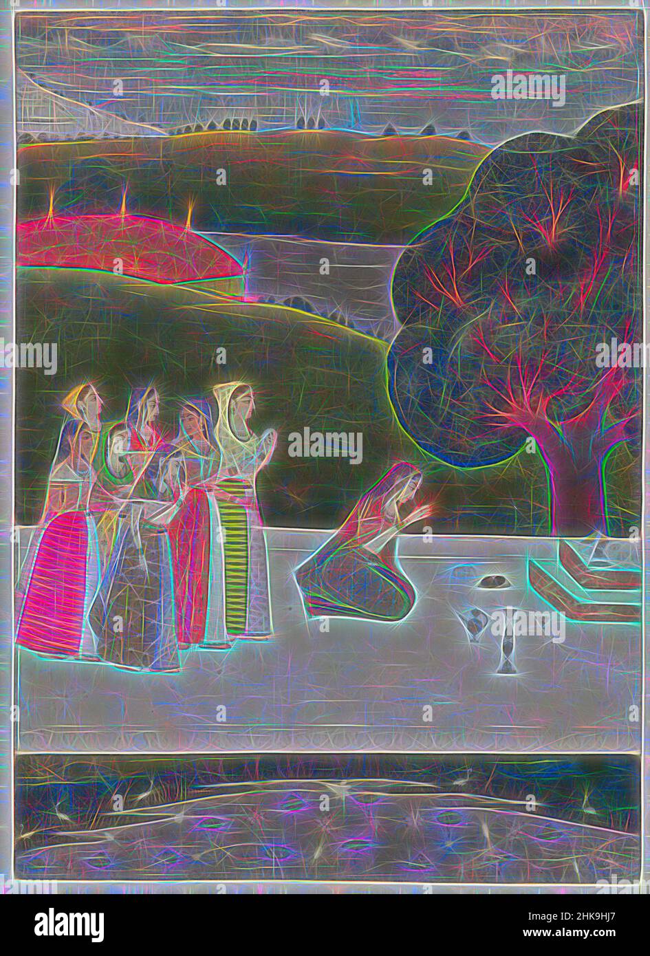 Ispirata alla miniatura raffigurante una donna che fa un'offerta a Shiva (lingapuja), India, 1750 - 1800, carta, altezza 27,5 cm x larghezza 20,5 cm, reinventata da Artotop. L'arte classica reinventata con un tocco moderno. Design di calda e allegra luminosità e di raggi di luce. La fotografia si ispira al surrealismo e al futurismo, abbracciando l'energia dinamica della tecnologia moderna, del movimento, della velocità e rivoluzionando la cultura Foto Stock