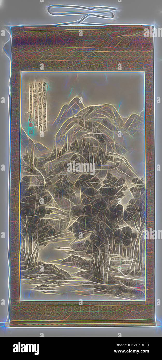 Ispirato dal paesaggio, il paesaggio estivo, Un paesaggio di montagna con un ruscello, che scorre in un corpo d'acqua con una barca da pesca. Sulla riva ci sono tre case in mezzo ad una linea di alberi. Lungo il torrente e su una montagna sono visibili altri due gruppi di case. Calligrafia in alto a sinistra. In scatola di legno., pittore, reinventato da Artotop. L'arte classica reinventata con un tocco moderno. Design di calda e allegra luminosità e di raggi di luce. La fotografia si ispira al surrealismo e al futurismo, abbracciando l'energia dinamica della tecnologia moderna, del movimento, della velocità e rivoluzionando la cultura Foto Stock