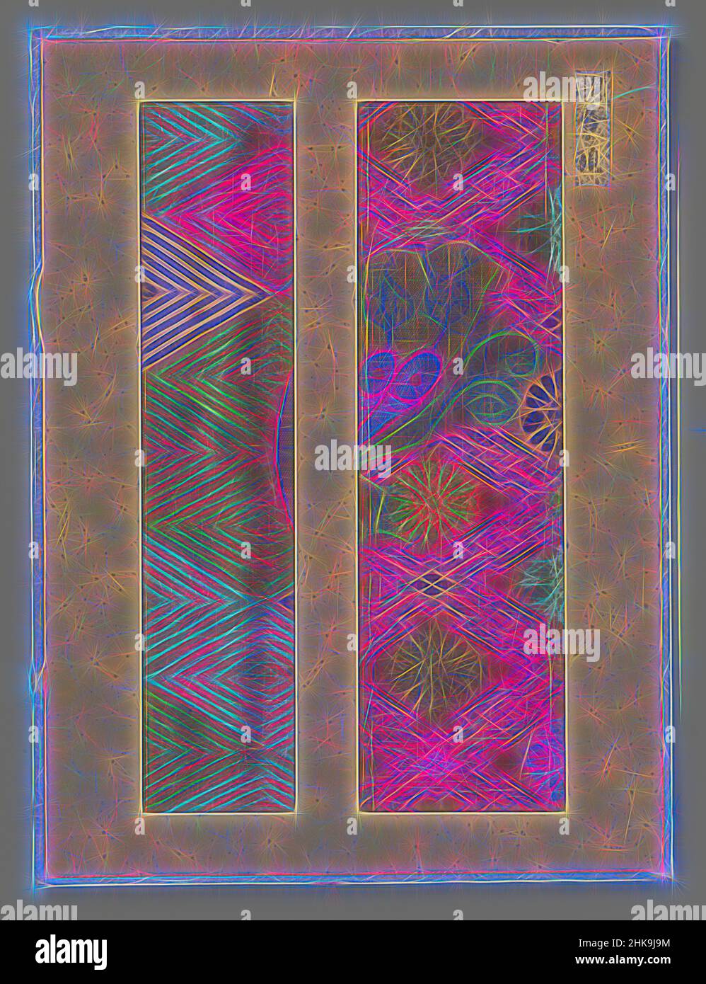 Ispirato da due frammenti di tessuto, frammenti di tessuto, due, ricamo su seta marrone., Giappone, 1655 - 1658, seta, altezza 28,4 cm x larghezza 8,2 cm, reinventato da Artotop. L'arte classica reinventata con un tocco moderno. Design di calda e allegra luminosità e di raggi di luce. La fotografia si ispira al surrealismo e al futurismo, abbracciando l'energia dinamica della tecnologia moderna, del movimento, della velocità e rivoluzionando la cultura Foto Stock