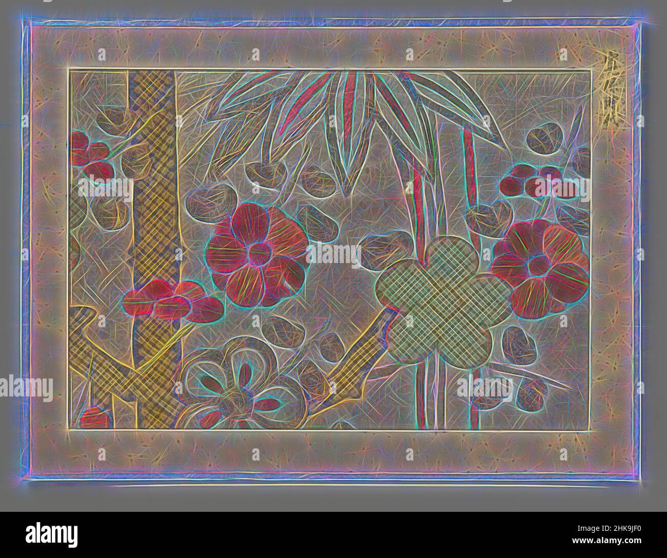 Ispirato da frammento tessile, frammento tessile, ricamo e stampa di fiori e piante su sfondo beige., Giappone, 1741 - 1744, seta, altezza 19,9 cm x larghezza 28,8 cm, reinventato da Artotop. L'arte classica reinventata con un tocco moderno. Design di calda e allegra luminosità e di raggi di luce. La fotografia si ispira al surrealismo e al futurismo, abbracciando l'energia dinamica della tecnologia moderna, del movimento, della velocità e rivoluzionando la cultura Foto Stock