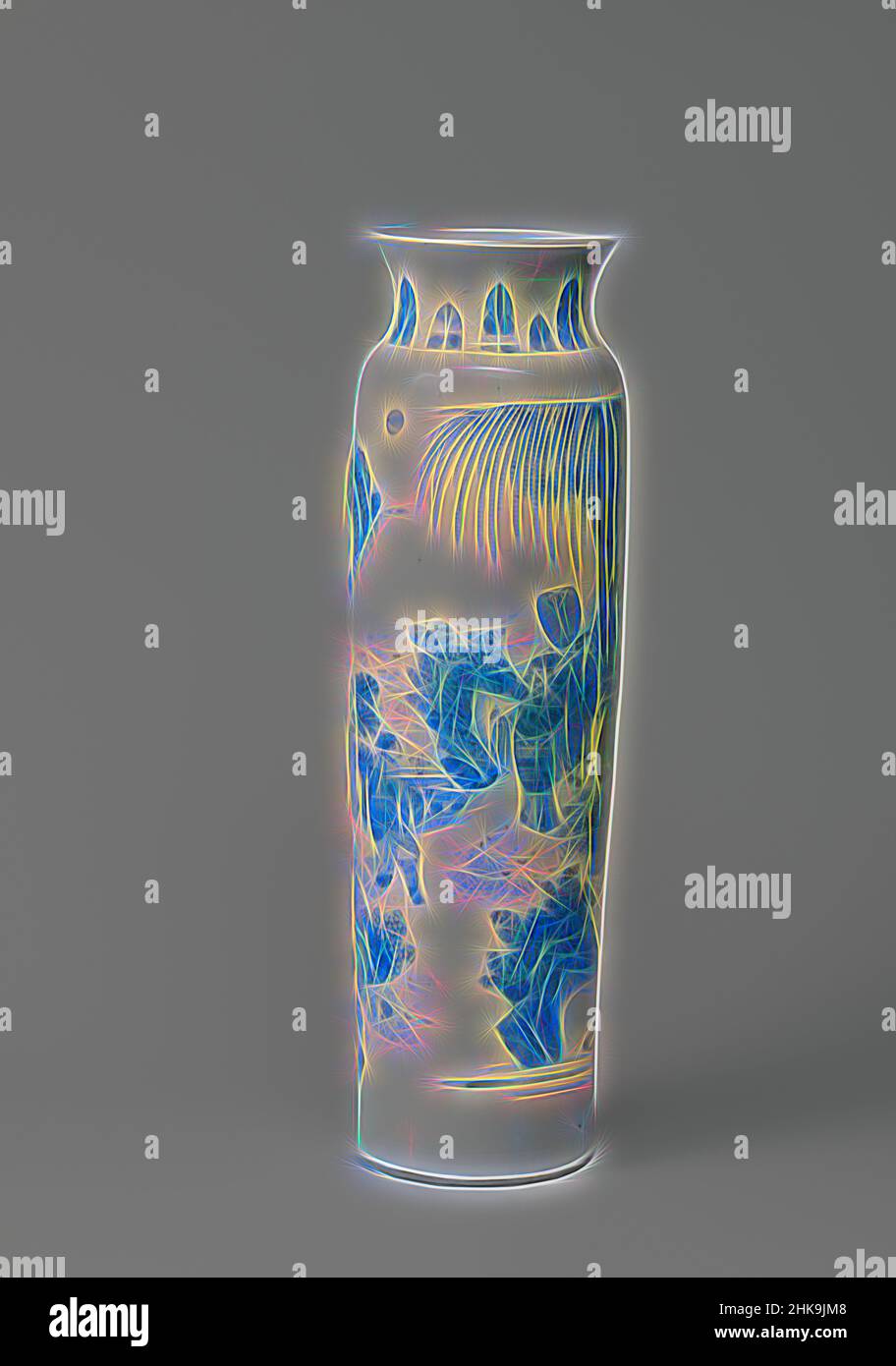 Ispirato da Vase (scroll) con un'azienda in un paesaggio, vaso cilindrico (scroll) di porcellana con un collo spalmabile, dipinto in blu underglaze. Sul muro un dignito in un paesaggio con dietro di lui quattro servi con tifosi. Un uomo offre un vaso (incenso bruciatore?) su un vassoio al dignitario. In, reinventato da Artotop. L'arte classica reinventata con un tocco moderno. Design di calda e allegra luminosità e di raggi di luce. La fotografia si ispira al surrealismo e al futurismo, abbracciando l'energia dinamica della tecnologia moderna, del movimento, della velocità e rivoluzionando la cultura Foto Stock