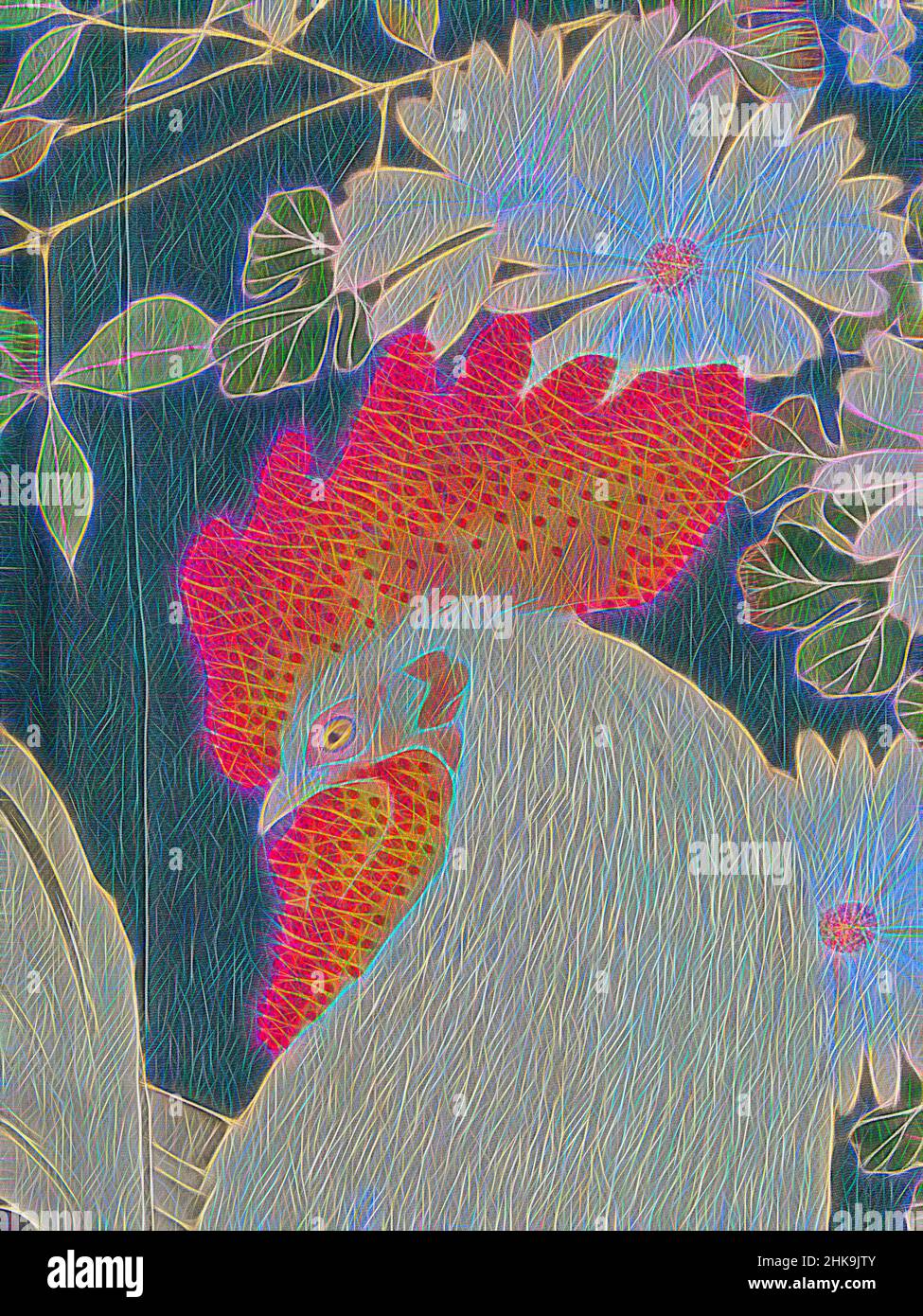 Ispirato al kimono femminile decorato con polli e cockerel, Iro-tomesode con galli e galline, kimono femminile semi-formale colorato (iro-tomesode), con una decorazione interna ed esterna dei pannelli frontali di galline e cockerelle con crisantemi e nandina domestica (bambù celeste). Fine, riimmaginato da Artotop. L'arte classica reinventata con un tocco moderno. Design di calda e allegra luminosità e di raggi di luce. La fotografia si ispira al surrealismo e al futurismo, abbracciando l'energia dinamica della tecnologia moderna, del movimento, della velocità e rivoluzionando la cultura Foto Stock