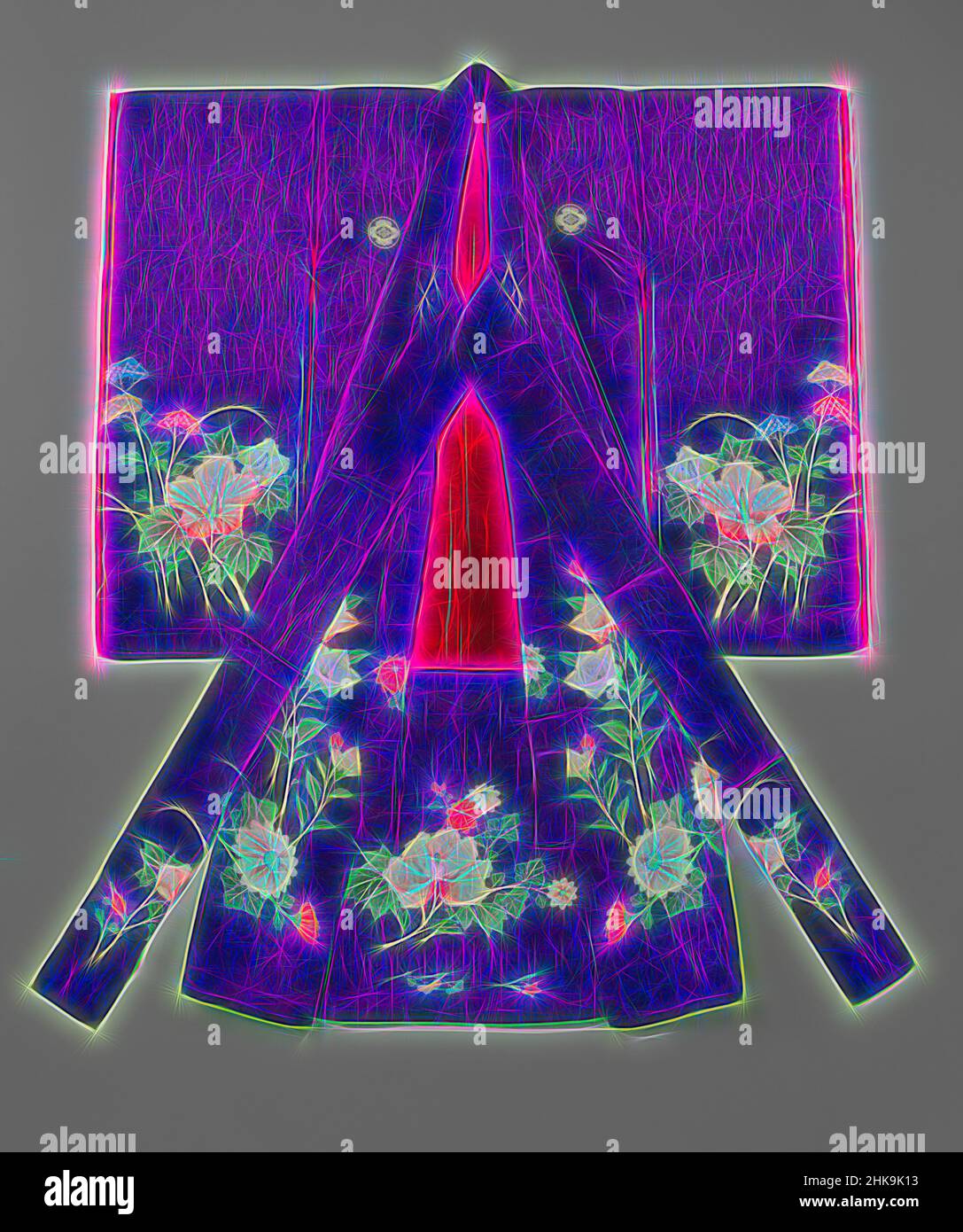 Ispirato al miyamairi kimono di Girl con piante autunnali fiorite, kimono formale per una ragazza per la prima visita ad un santuario Shinto (miyamairi kimono) con decorazione sul lato inferiore delle maniche, pannelli anteriore e posteriore di peonie fiorite, crisantemi, ibisco, campanello di palloncino e ominaeshi. Viola, reinventato da Artotop. L'arte classica reinventata con un tocco moderno. Design di calda e allegra luminosità e di raggi di luce. La fotografia si ispira al surrealismo e al futurismo, abbracciando l'energia dinamica della tecnologia moderna, del movimento, della velocità e rivoluzionando la cultura Foto Stock