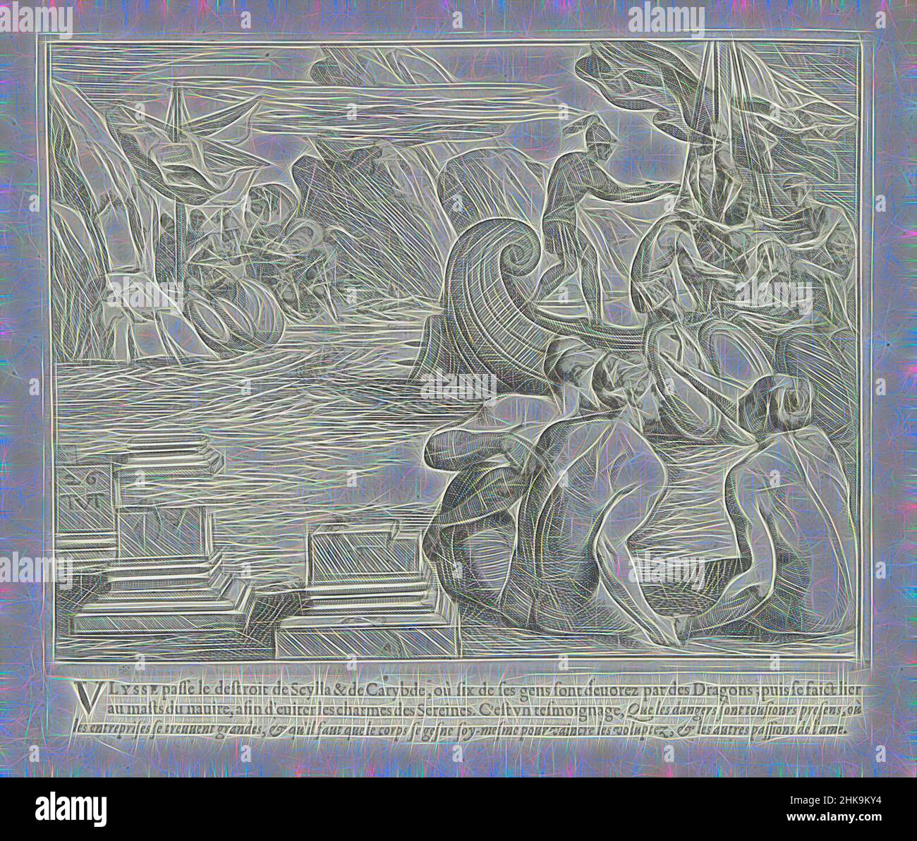 Ispirate da Odysseus e dalle sirene, Les Travaux d'Ulysse, le opere di Odysseus, in primo piano le sirene cantanti, che hanno fatto navigare i marinai verso il loro destino. Odysseus si è legato all'albero e i suoi uomini stanno tenendo corso, avendo tappato le orecchie e quindi essendo sordi al canto, reimmaginato da Artotop. L'arte classica reinventata con un tocco moderno. Design di calda e allegra luminosità e di raggi di luce. La fotografia si ispira al surrealismo e al futurismo, abbracciando l'energia dinamica della tecnologia moderna, del movimento, della velocità e rivoluzionando la cultura Foto Stock