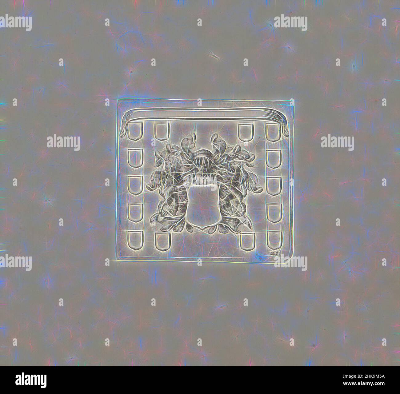 Ispirato da stemma con protezioni vuote, uno stemma con scudo bianco, affiancato da due leoni da arrampicata. Intorno a loro sono un banderolo vuoto e quattordici schermi vuoti. La stampa fa parte di un album., stampatore:, 1550 - 1650, carta, incisione, Altezza 69 x larghezza 75 altezza 383 mm x larghezza 310, reinventata da Artotop. L'arte classica reinventata con un tocco moderno. Design di calda e allegra luminosità e di raggi di luce. La fotografia si ispira al surrealismo e al futurismo, abbracciando l'energia dinamica della tecnologia moderna, del movimento, della velocità e rivoluzionando la cultura Foto Stock