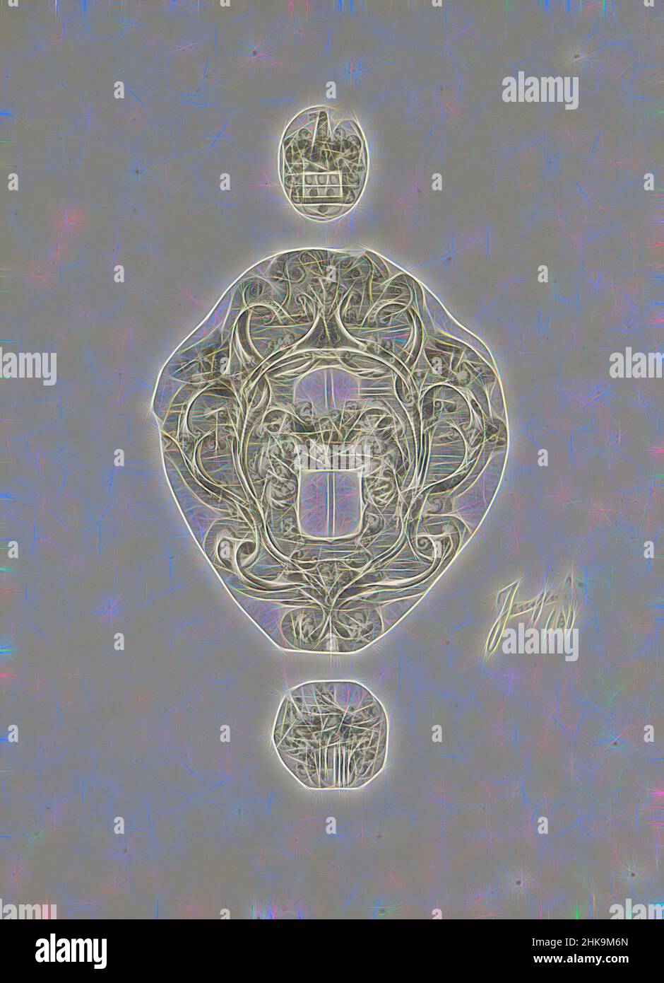 Ispirato da tre braccia, tre rappresentazioni su una foglia di album. La rappresentazione centrale comporta uno scudo vuoto in un bordo ornamentale. In cima, uno stemma con tre gusci e tre protezioni vuote. Sotto, uno stemma che include tre torce. Come casco, contrassegnare una mezza ruota. Le stampe sono parte, riimmaginate da Artotop. L'arte classica reinventata con un tocco moderno. Design di calda e allegra luminosità e di raggi di luce. La fotografia si ispira al surrealismo e al futurismo, abbracciando l'energia dinamica della tecnologia moderna, del movimento, della velocità e rivoluzionando la cultura Foto Stock