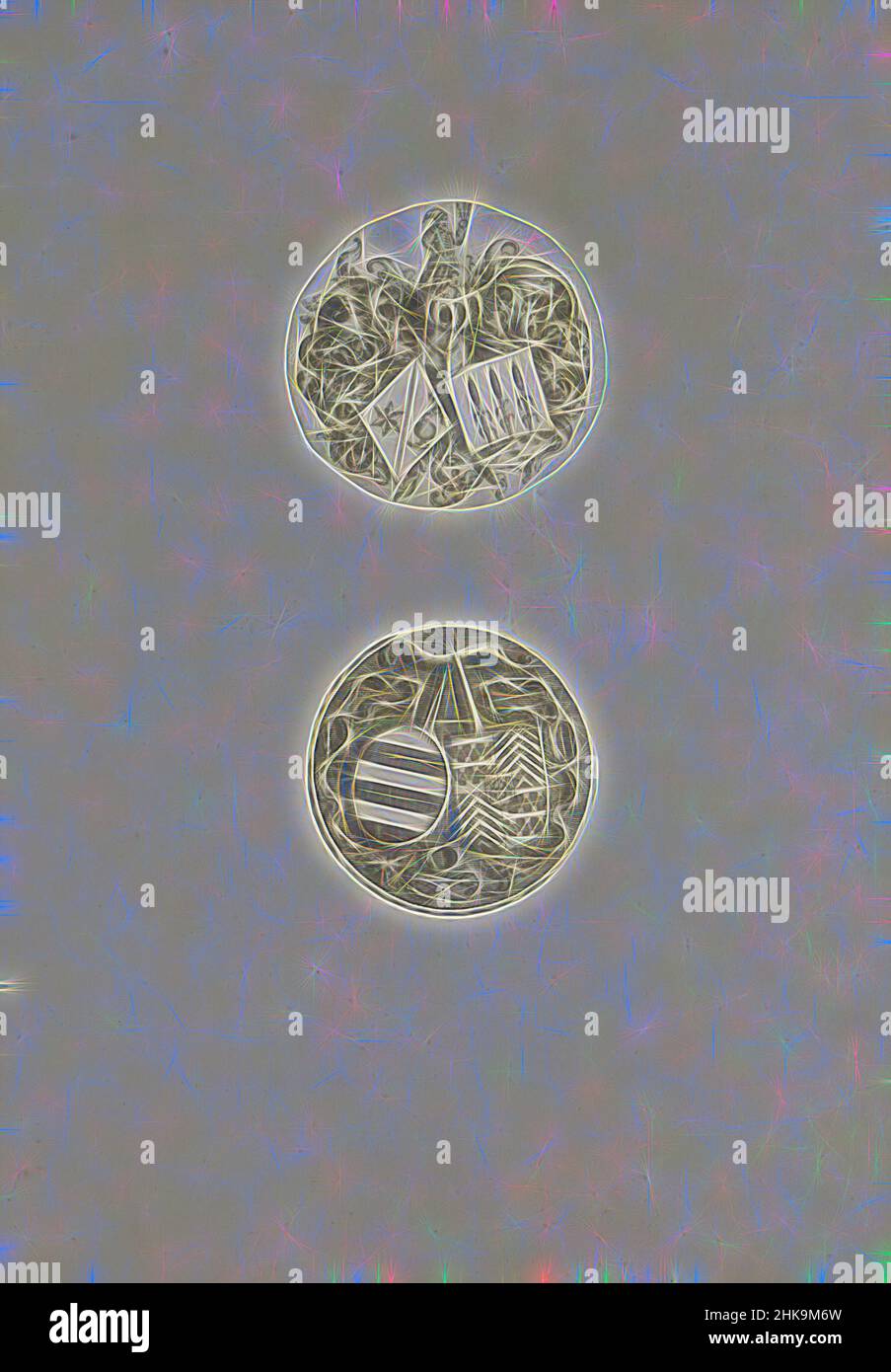 Ispirato da due braccia, due rappresentazioni su una pagina di album. Sulla parte superiore uno stemma con un doppio scudo. Sulla protezione destra ci sono tre stocchi di mais. Lo stemma sottostante è legato alla famiglia Van Egmond di Nijenburg. Le stampe fanno parte di un album., stampatore:, 1600 - 1699, carta, incisione, Reinventato da Artotop. L'arte classica reinventata con un tocco moderno. Design di calda e allegra luminosità e di raggi di luce. La fotografia si ispira al surrealismo e al futurismo, abbracciando l'energia dinamica della tecnologia moderna, del movimento, della velocità e rivoluzionando la cultura Foto Stock