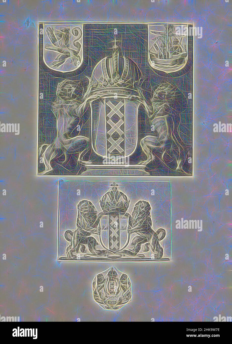 Ispirato a tre volte lo stemma di Amsterdam, tre rappresentazioni su una pagina di album. Le stampe fanno parte di un album., stampatore:, 1600 - 1699 e/o 1648, carta, incisione, altezza 383 mm x larghezza 310 mm, reinventato da Artotop. L'arte classica reinventata con un tocco moderno. Design di calda e allegra luminosità e di raggi di luce. La fotografia si ispira al surrealismo e al futurismo, abbracciando l'energia dinamica della tecnologia moderna, del movimento, della velocità e rivoluzionando la cultura Foto Stock