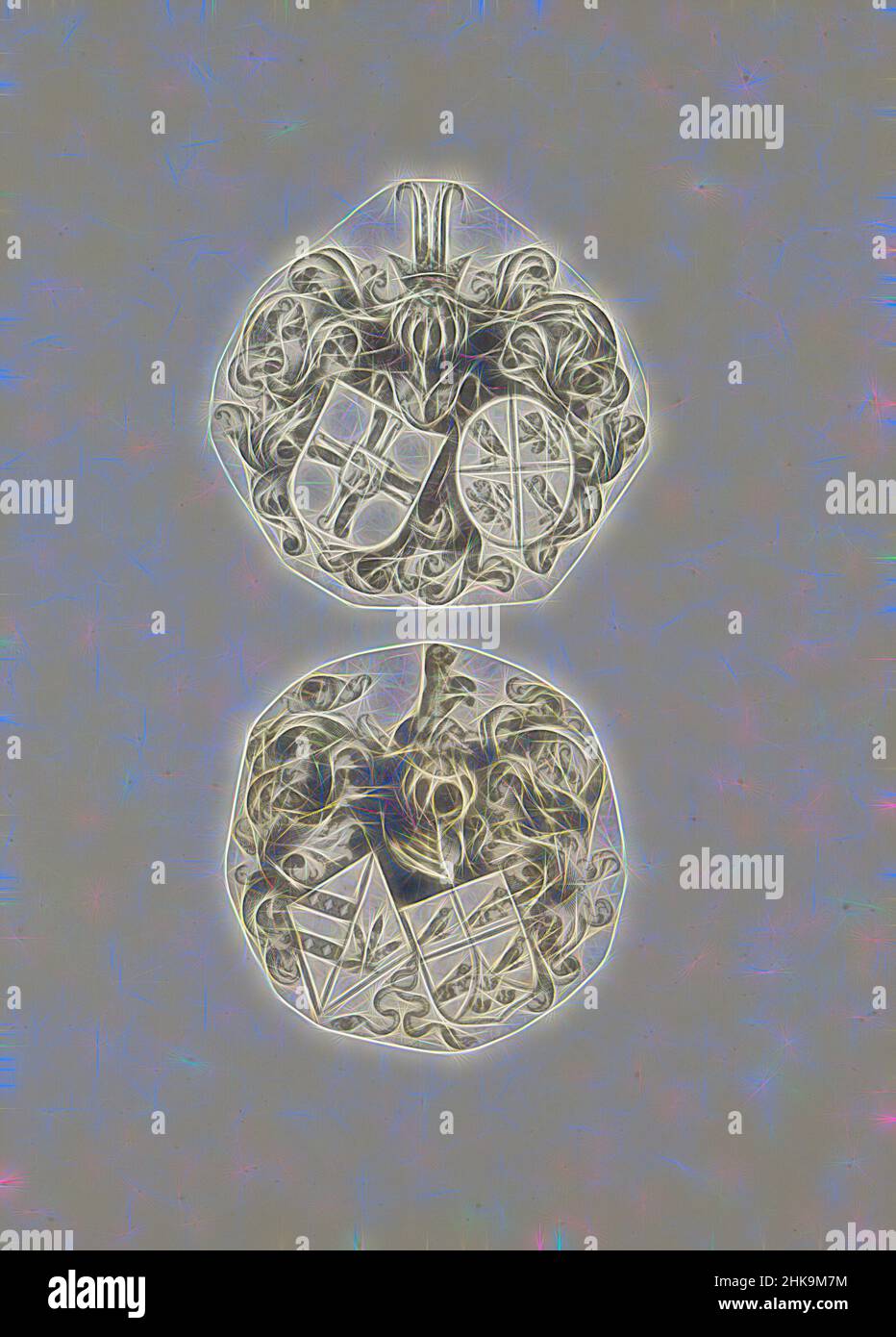 Ispirato da due braccia, due rappresentazioni su una pagina di album. Si tratta di due caschi con due braccia non identificate. Sugli scudi salendo leoni, cicogne, uccelli, volpi e corna. Le stampe fanno parte di un album., stampatore:, 1550 - 1650, carta, incisione, Altezza 383 mm x larghezza 310 mm, reinventata da Artotop. L'arte classica reinventata con un tocco moderno. Design di calda e allegra luminosità e di raggi di luce. La fotografia si ispira al surrealismo e al futurismo, abbracciando l'energia dinamica della tecnologia moderna, del movimento, della velocità e rivoluzionando la cultura Foto Stock