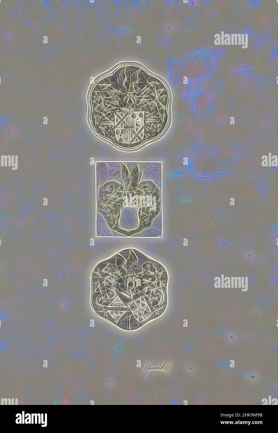 Ispirato da tre braccia, tre rappresentazioni su una pagina di album. Ognuna è dotata di braccia con un casco alare. In cima uno scudo con le pecore, le stelle e le conchiglie. Il simbolo del casco è una calotta. Sotto una doppia protezione. Il segno del casco (un acorno) e lo scudo con le due teste di bue e le sei ghiande è del, reinventato da Artotop. L'arte classica reinventata con un tocco moderno. Design di calda e allegra luminosità e di raggi di luce. La fotografia si ispira al surrealismo e al futurismo, abbracciando l'energia dinamica della tecnologia moderna, del movimento, della velocità e rivoluzionando la cultura Foto Stock