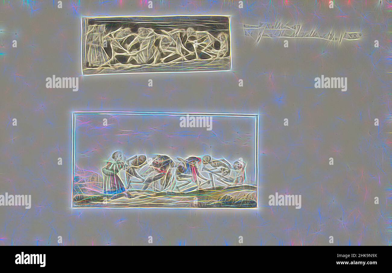 Ispirato dalla Danza della morte, due disegni con la Danza della morte., disegnatrice: Gesina ter Borch, Hans Holbein (II), disegnatrice: Zwolle, Europe, 1643 - c.. 1687, carta, acquerello (vernice), pennello, altezza 243 mm x larghezza 360 mm, reinventato da Artotop. L'arte classica reinventata con un tocco moderno. Design di calda e allegra luminosità e di raggi di luce. La fotografia si ispira al surrealismo e al futurismo, abbracciando l'energia dinamica della tecnologia moderna, del movimento, della velocità e rivoluzionando la cultura Foto Stock