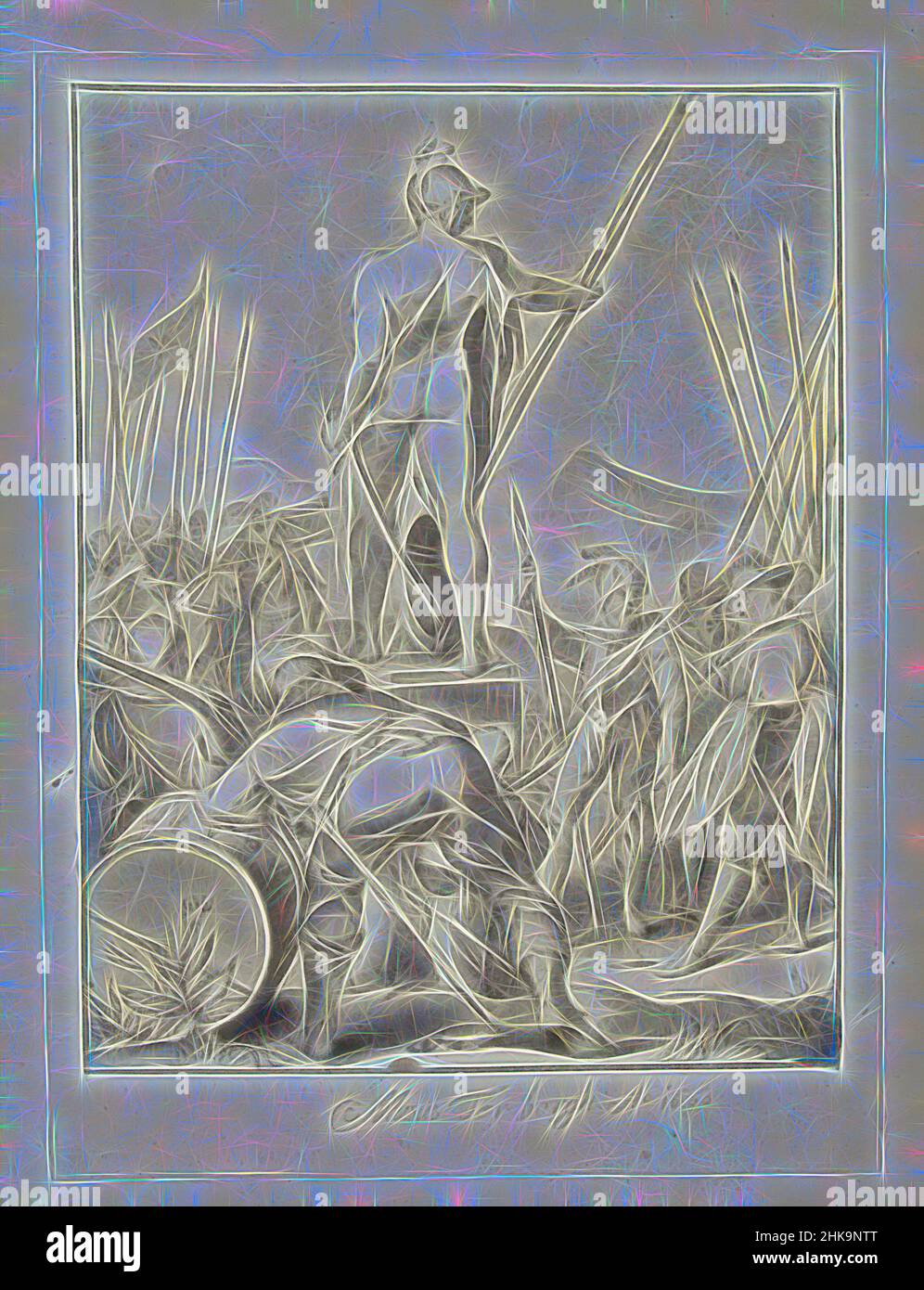 Ispirato da Marte, dio delle arti della guerra, disegnatore: Moses ter Borch (firmato dall'artista), Jan Saenredam, Zwolle, 1660, carta, gesso, spazzola, altezza 243 mm x larghezza 360 mm, reinventato da Artotop. L'arte classica reinventata con un tocco moderno. Design di calda e allegra luminosità e di raggi di luce. La fotografia si ispira al surrealismo e al futurismo, abbracciando l'energia dinamica della tecnologia moderna, del movimento, della velocità e rivoluzionando la cultura Foto Stock