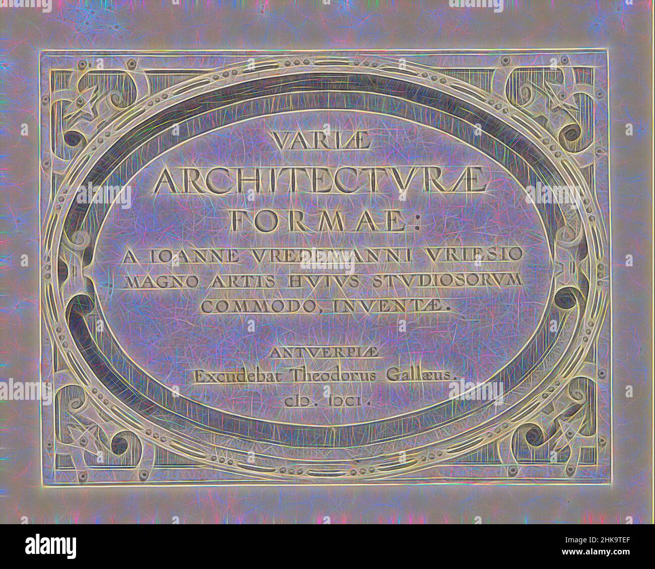 Ispirato da Cartouche con cornice di scrollwork e il testo: Varia Architecturae formae, Variae Architecturae formae (...), prospettive architettoniche in cornici ovali per intarsia, titolo stampa per una serie di viste perspectivali ovali architettoniche per intarsia. La stampa fa parte di un album., Print, Reimagined by Artotop. L'arte classica reinventata con un tocco moderno. Design di calda e allegra luminosità e di raggi di luce. La fotografia si ispira al surrealismo e al futurismo, abbracciando l'energia dinamica della tecnologia moderna, del movimento, della velocità e rivoluzionando la cultura Foto Stock